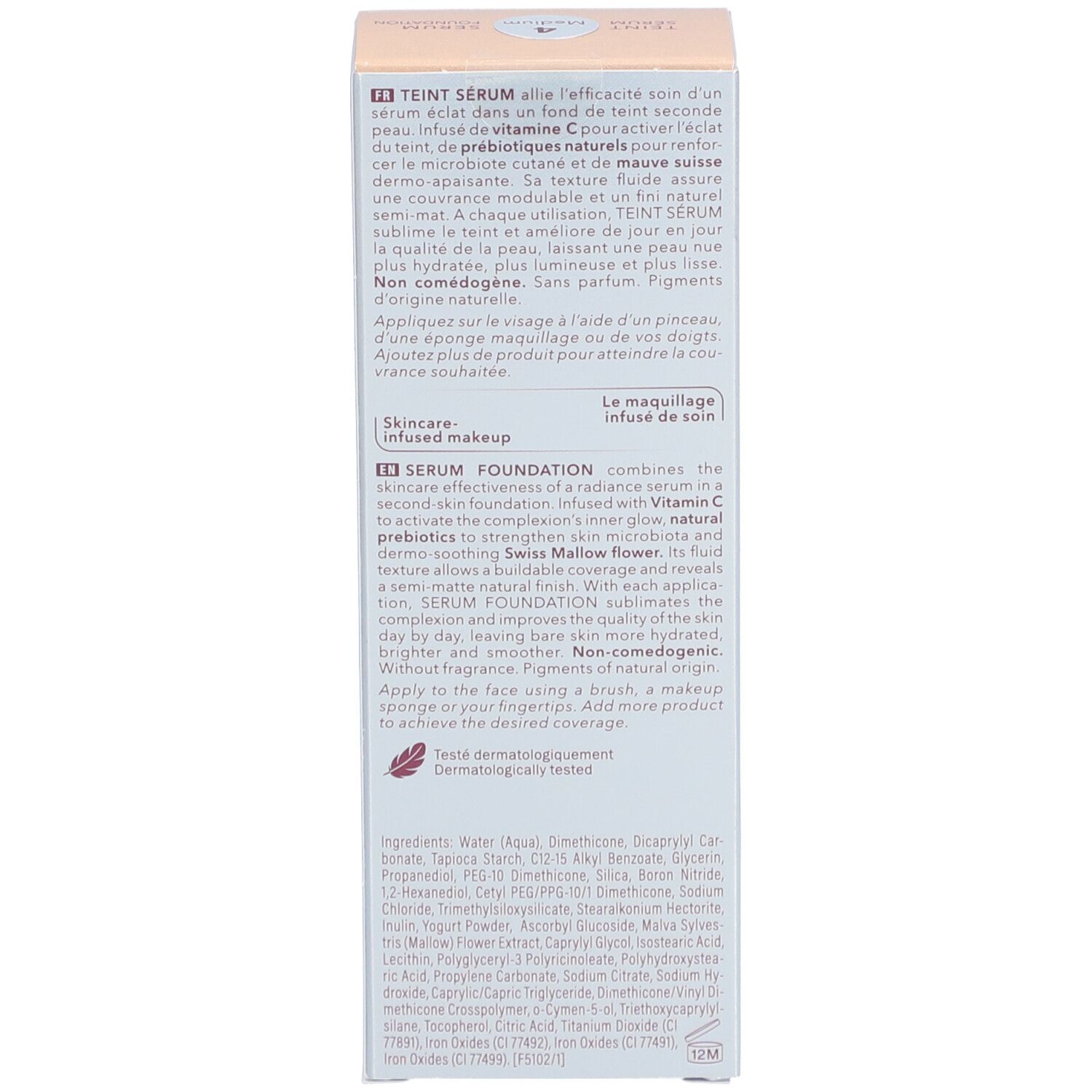 Côté de l'emballage. Texte multilingue. Inscription: Teint Sérum, Serum Foundation. Ingrédients.