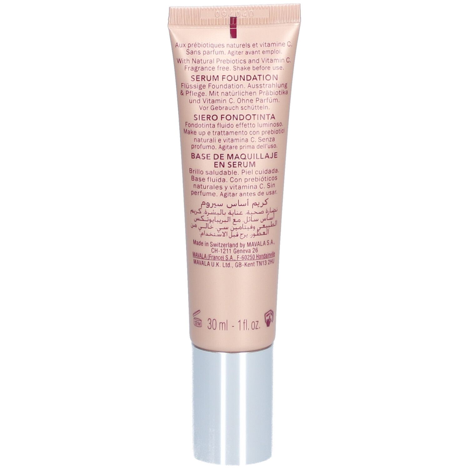 Rückseite der Tube. Text in mehreren Sprachen. Enthält Informationen zum Produkt und Inhaltsstoffe. Volumen: 30 ml.
