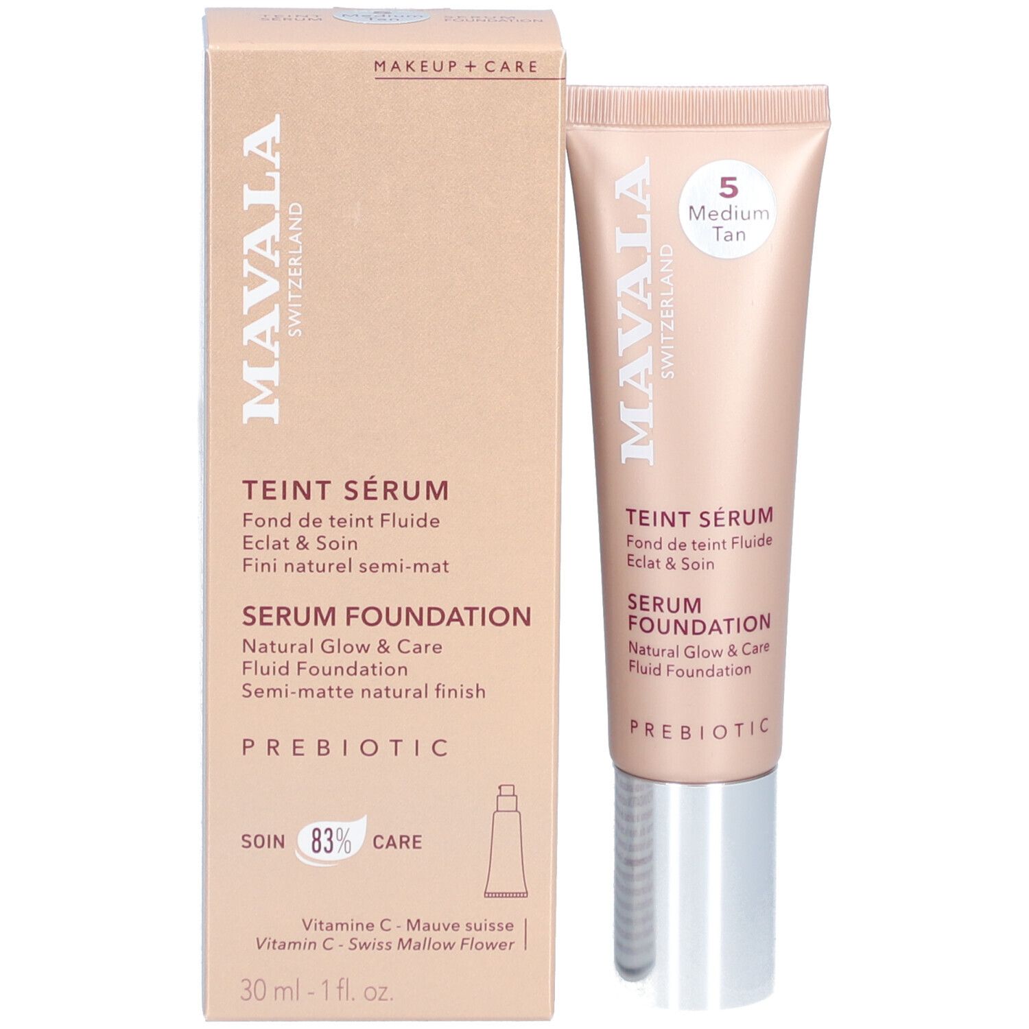 Produktverpackung. Tube und Karton. Aufschrift: Mavala, Schweiz. Produkt: Serum Foundation. Farbton: 5 Medium Tan. 30 ml.