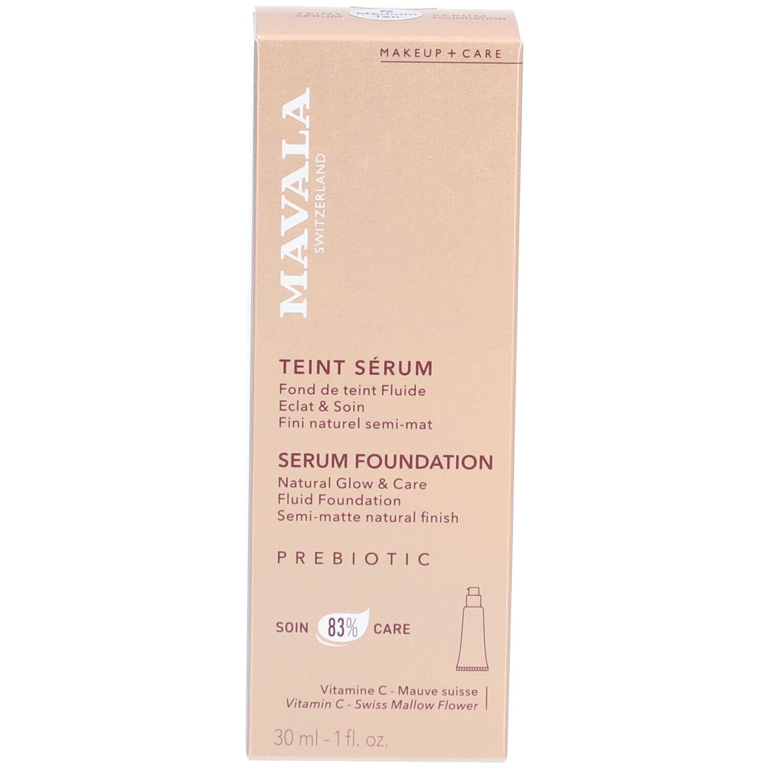Kartonverpackung. Aufschrift: Mavala, Schweiz. Produkt: Serum Foundation. Text in mehreren Sprachen. Volumen: 30 ml.