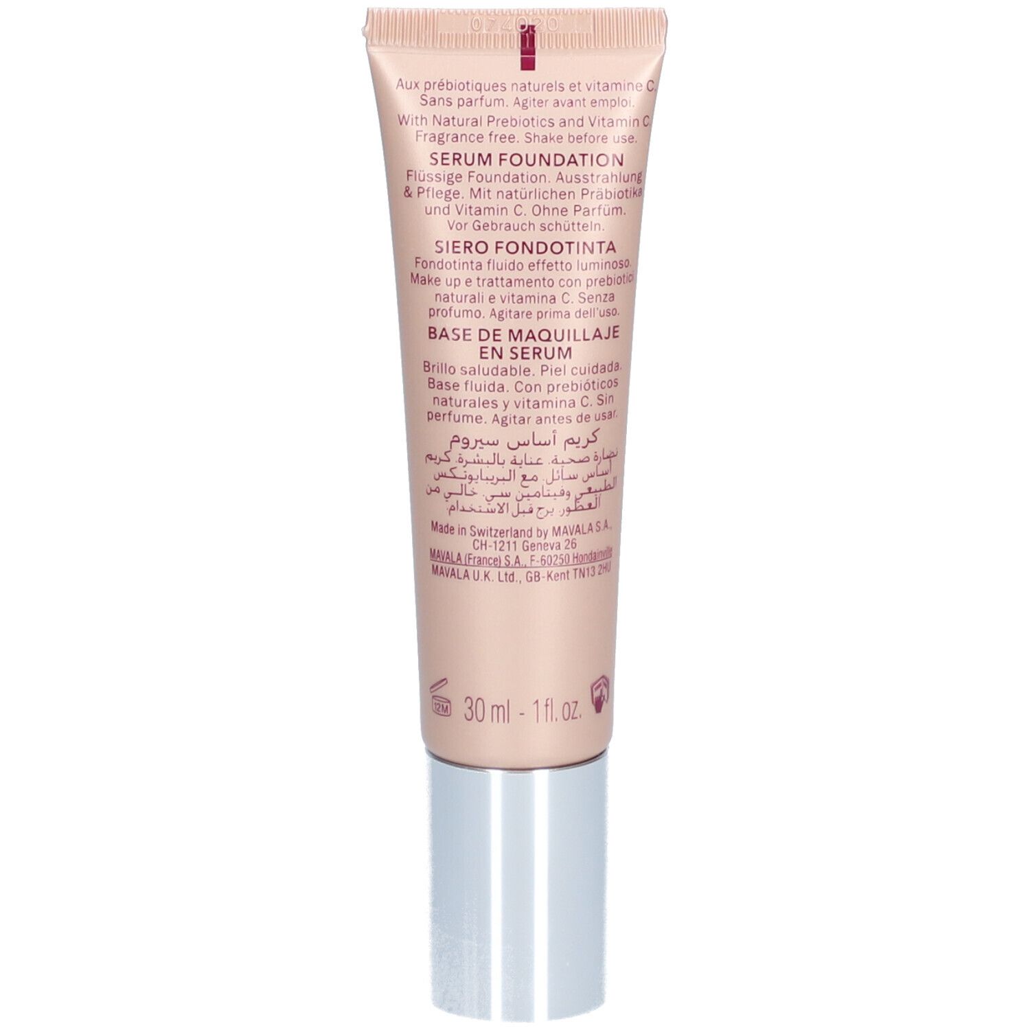 Ein heller Röhrchen mit Serum Foundation, 30 ml. Enthält Präbiotika und Vitamin C.