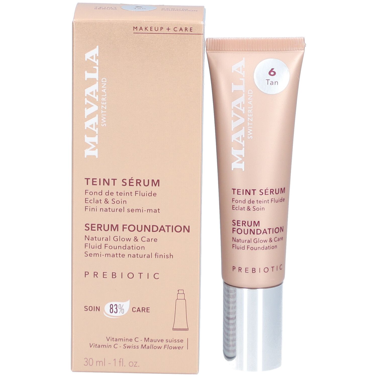 Mavala Serum Foundation, Farbton 6 Tan, in einer Tube und Faltschachtel. Enthält Prebiotika.