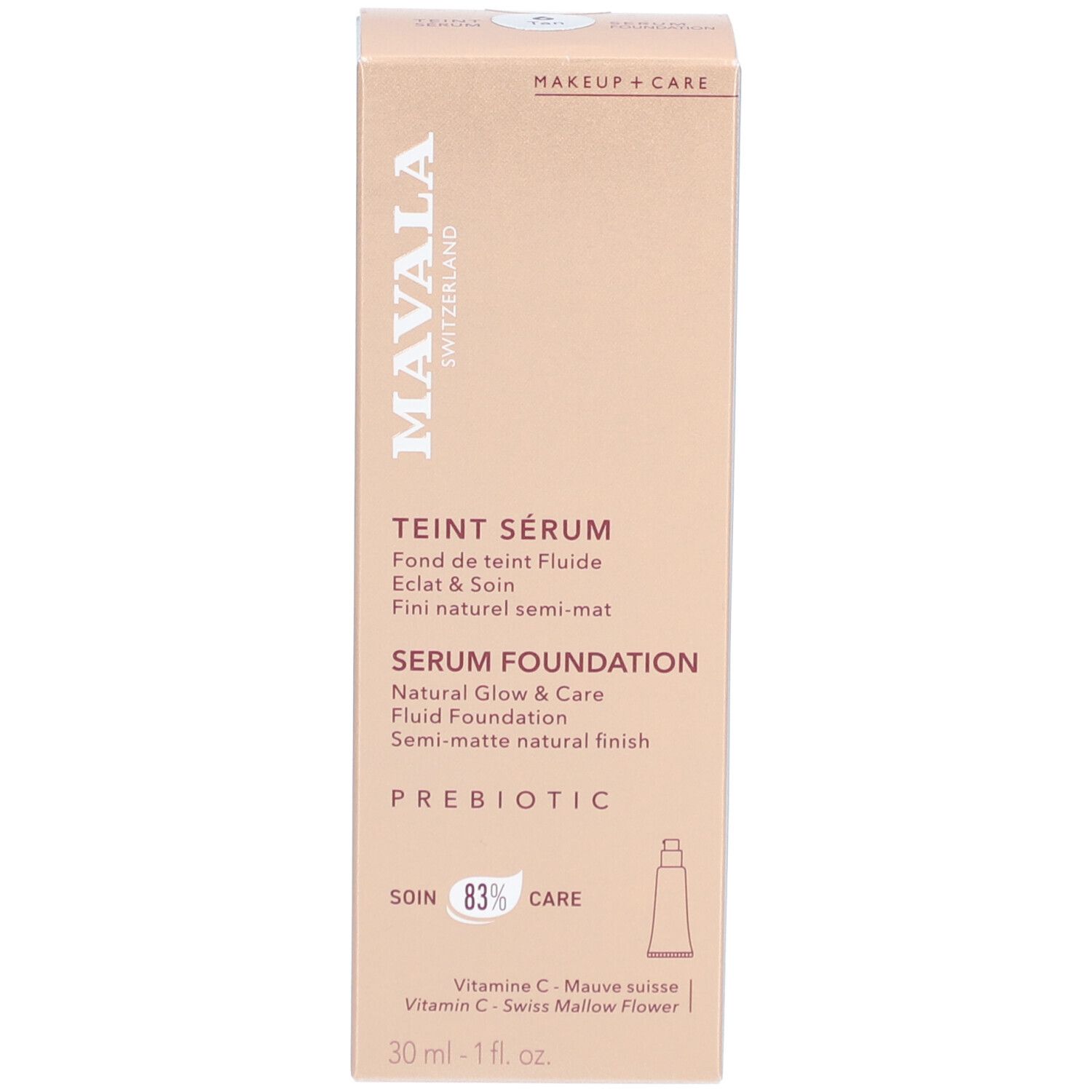 Mavala Teint Sérum Serum Foundation Karton. Enthält 30 ml. Mit Vitamin C und Schweizer Malvenblüte.