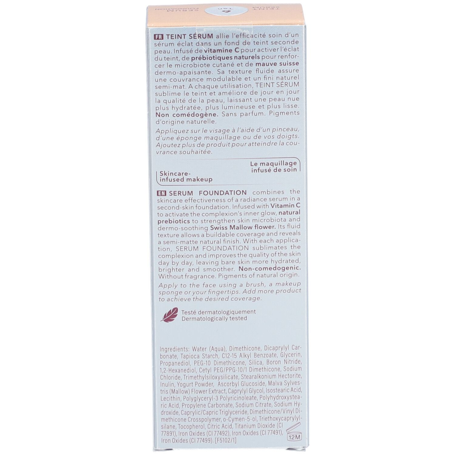 Verpackung eines flüssigen Teint Serums mit Vitamin C und natürlichen Präbiotika.