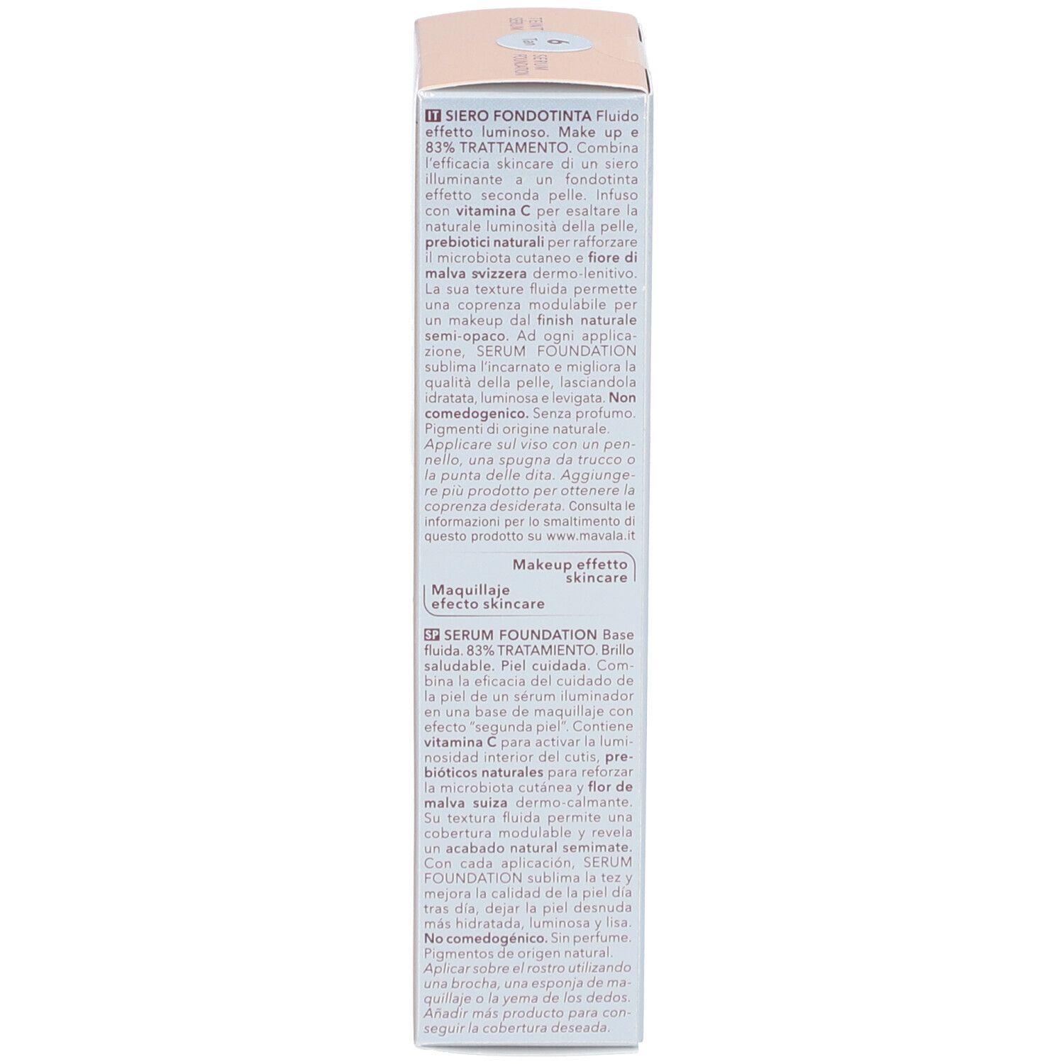 Verpackung für Serum Foundation mit Vitamin C und 83% Behandlung. Natürliche Pigmente.