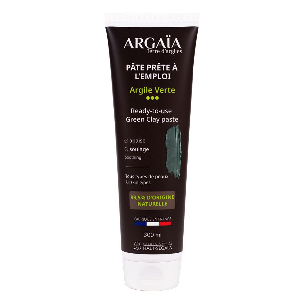 Tube de pâte d'argile verte. Inscription: Argaïa, Pâte prête à l'emploi, Argile Verte. 99,5% d'origine naturelle. 300 ml.