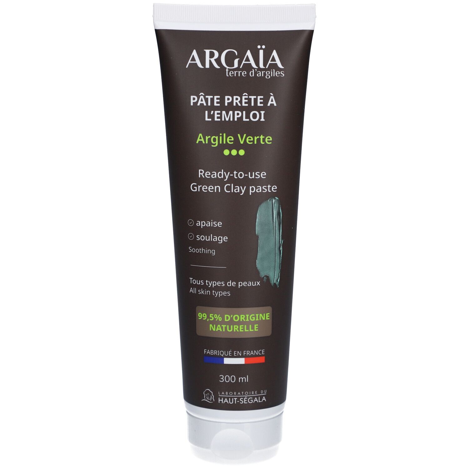 Tube de pâte d'argile verte. Inscription: Argaïa, Pâte prête à l'emploi, Argile Verte. 99,5% d'origine naturelle. 300 ml.