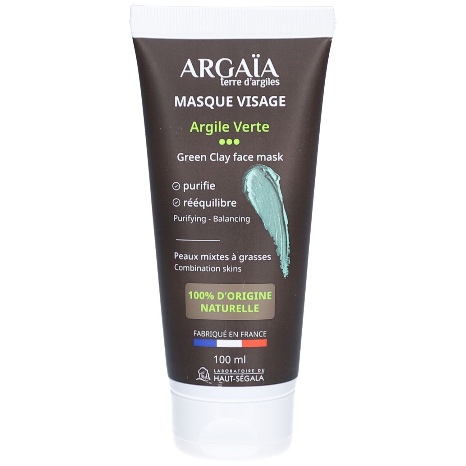 Grüne Tonerdemaske in Tube. Produktname: Argaia. Text: Masque Visage, Argile Verte, Green Clay face mask. 100% d'origine naturelle.