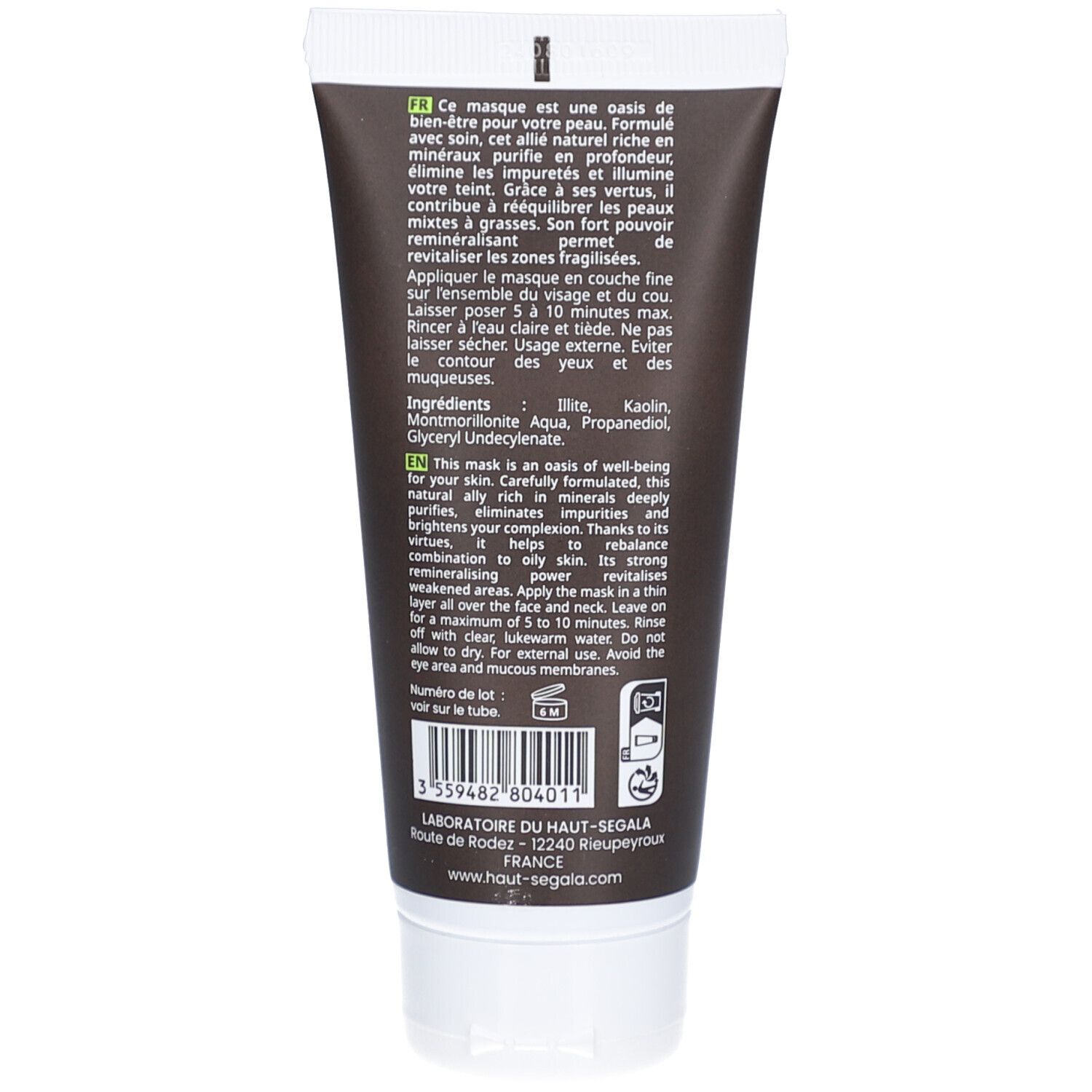 Rückseite der Tube. Text: Inhaltsstoffe, Gebrauchsanweisung, Laboratoire du Haut-Ségala. Barcode und Recycling-Symbole.