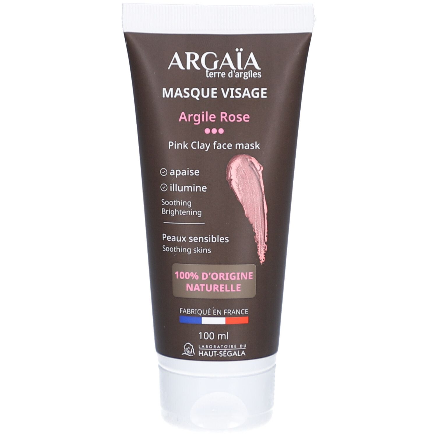 Tube mit rosa Tonerdemaske. Aufschrift: Argaia, Masque Visage Argile Rose. Pinkfarbene Paste. Text: Apaise, illumine, Peaux sensibles.