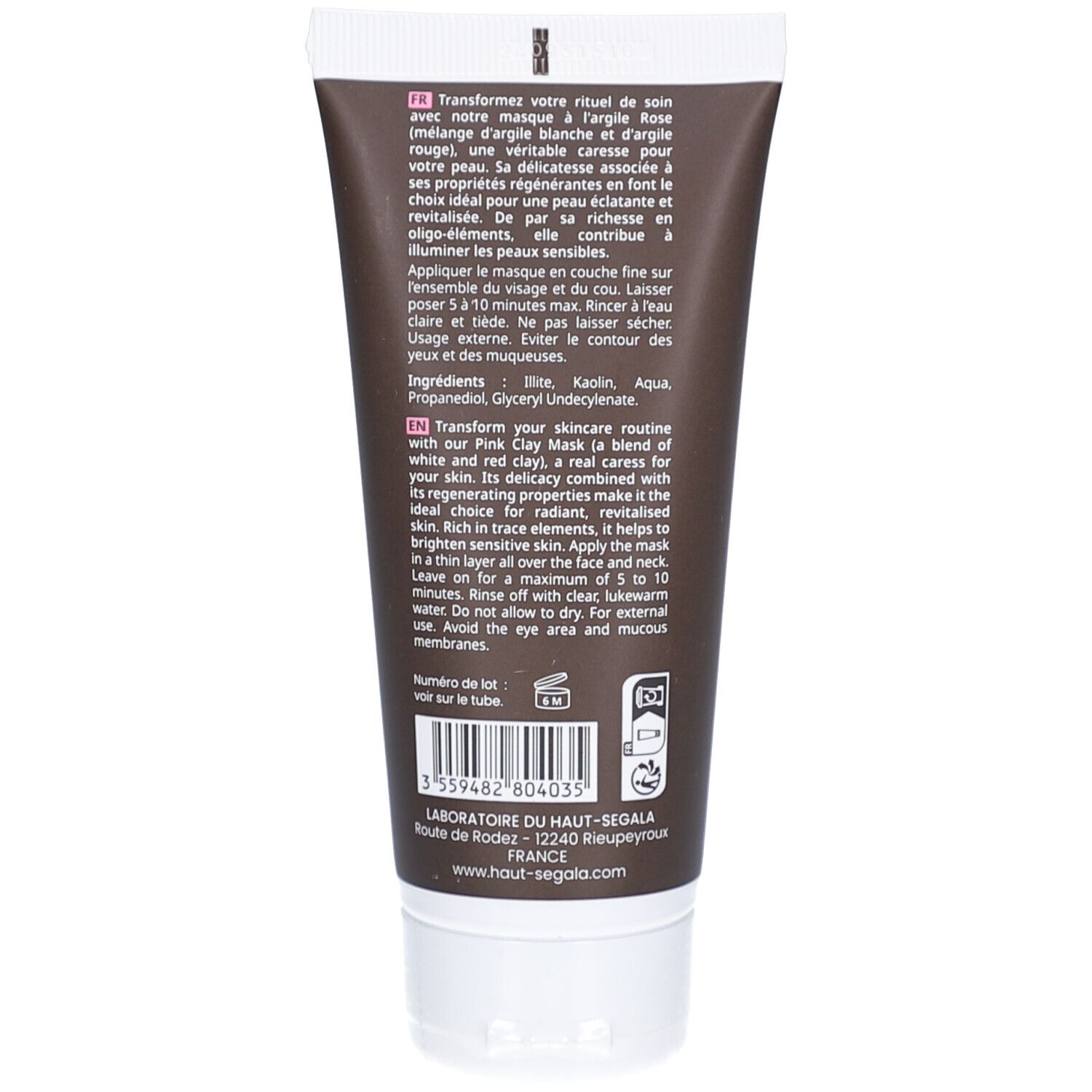 Rückseite der Tube mit Text. Inhaltsstoffe, Gebrauchsanweisung, Herstellerinformationen. Text in Französisch und Englisch.