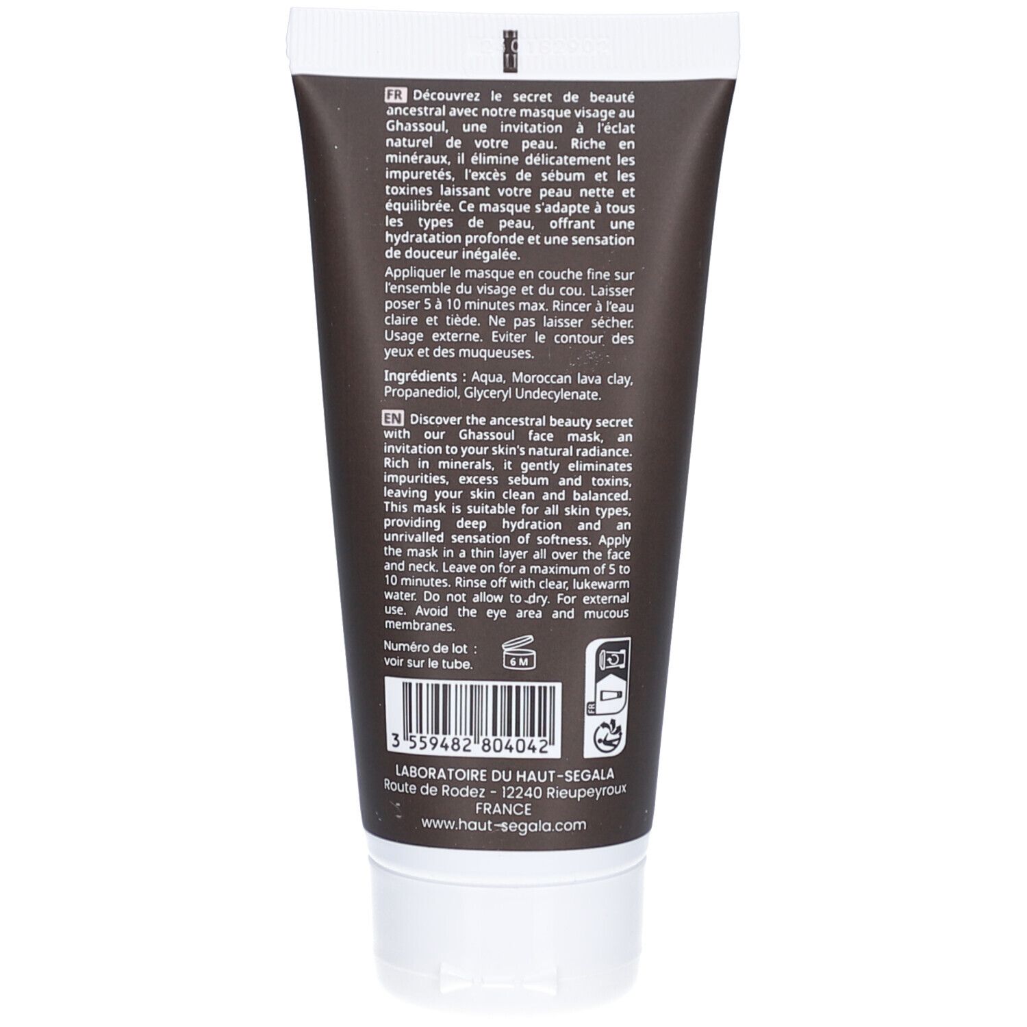 Rückseite einer Tube Gesichtsmaske. Text: Inhaltsstoffe, Anwendungshinweise, Chargennummer. Logo: Laboratoires du Haut-Ségala. Hergestellt in Frankreich.
