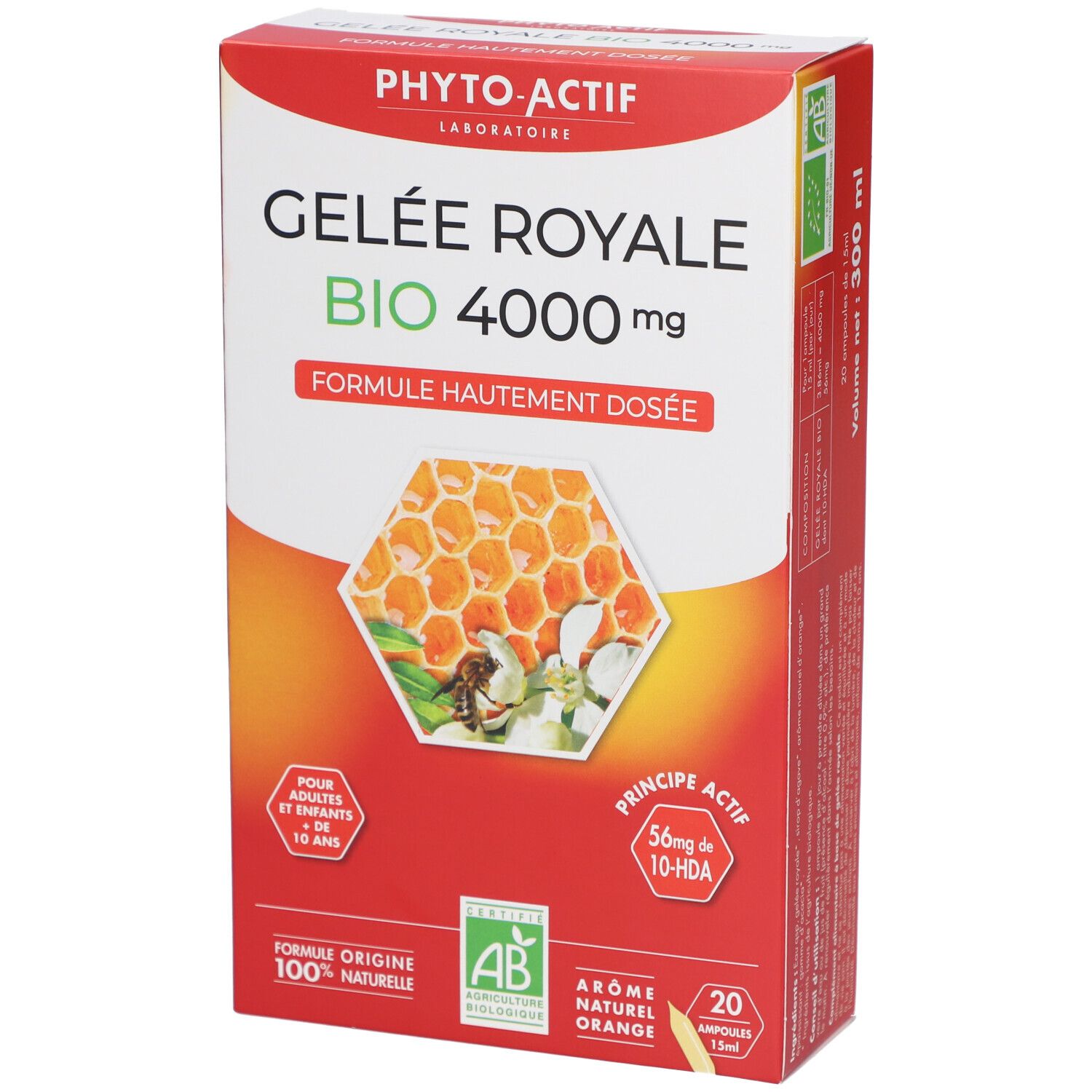 Boîte "GELÉE ROYALE BIO 4000 mg". Contient 20 ampoules. Certifiée AB, arôme naturel orange. Formule haute dose. Pour adultes et enfants.