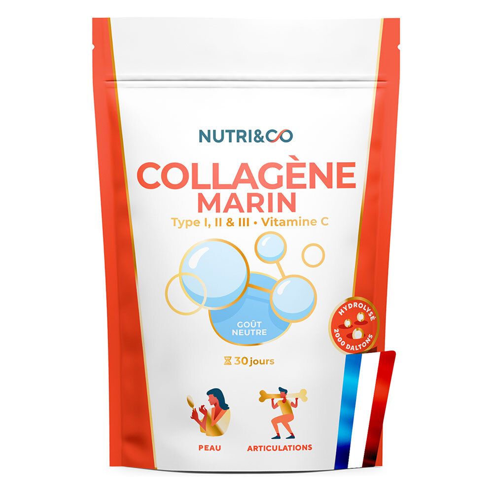 Sachet de Collagène Marin NUTRI&CO. Inscription : Collagène Marin, Type I, II & III, Vitamine C. Goût neutre.