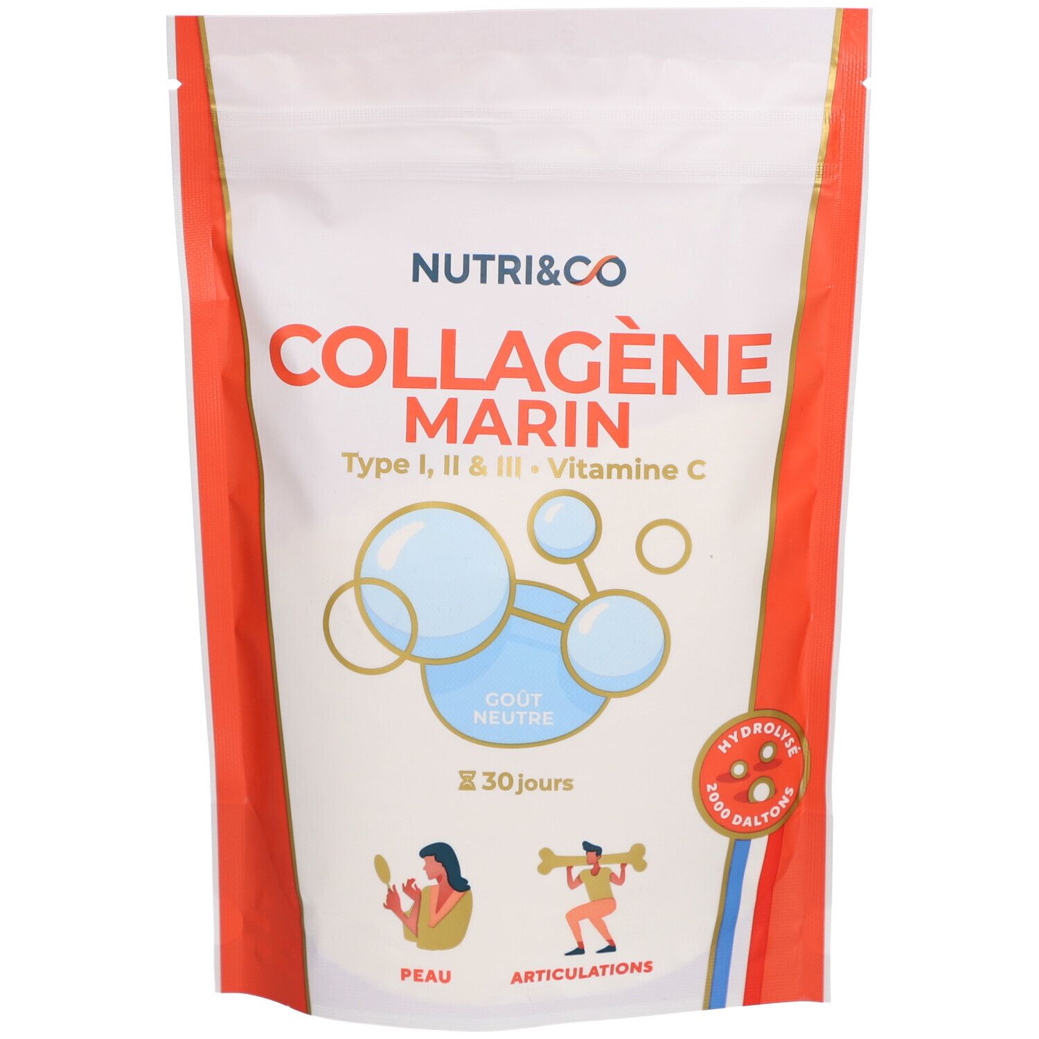 Sachet de Collagène Marin NUTRI&CO. Inscription : Collagène Marin, Type I, II & III, Vitamine C. Goût neutre.