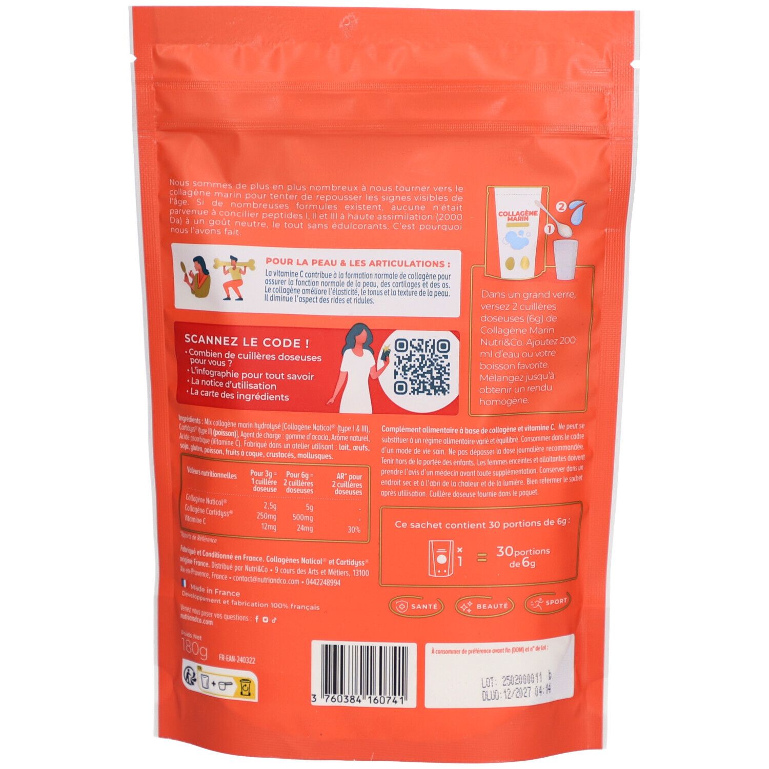 Dos du sachet avec informations sur NUTRI&CO Collagène Marin. Contient code QR, ingrédients, informations nutritionnelles et fabricant.