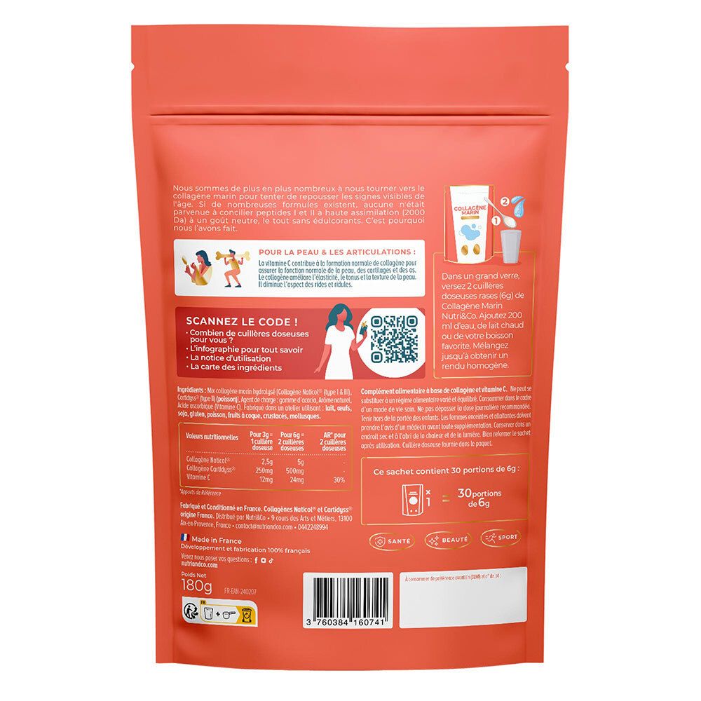 Dos du sachet avec informations sur NUTRI&CO Collagène Marin. Contient code QR, ingrédients, informations nutritionnelles et fabricant.