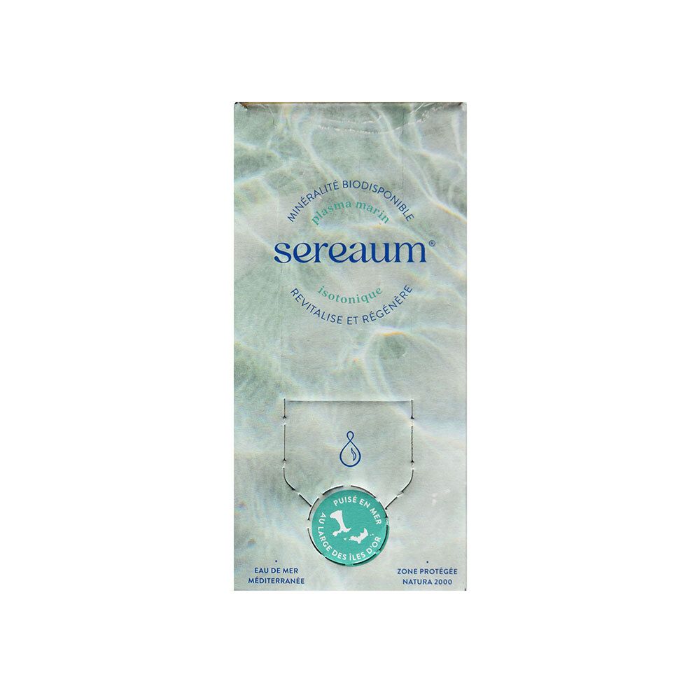 Emballage carton Sereaum. Inscription : minéralité, isotonique, revitalise. Logo goutte d'eau, eau de mer. Zone protégée.