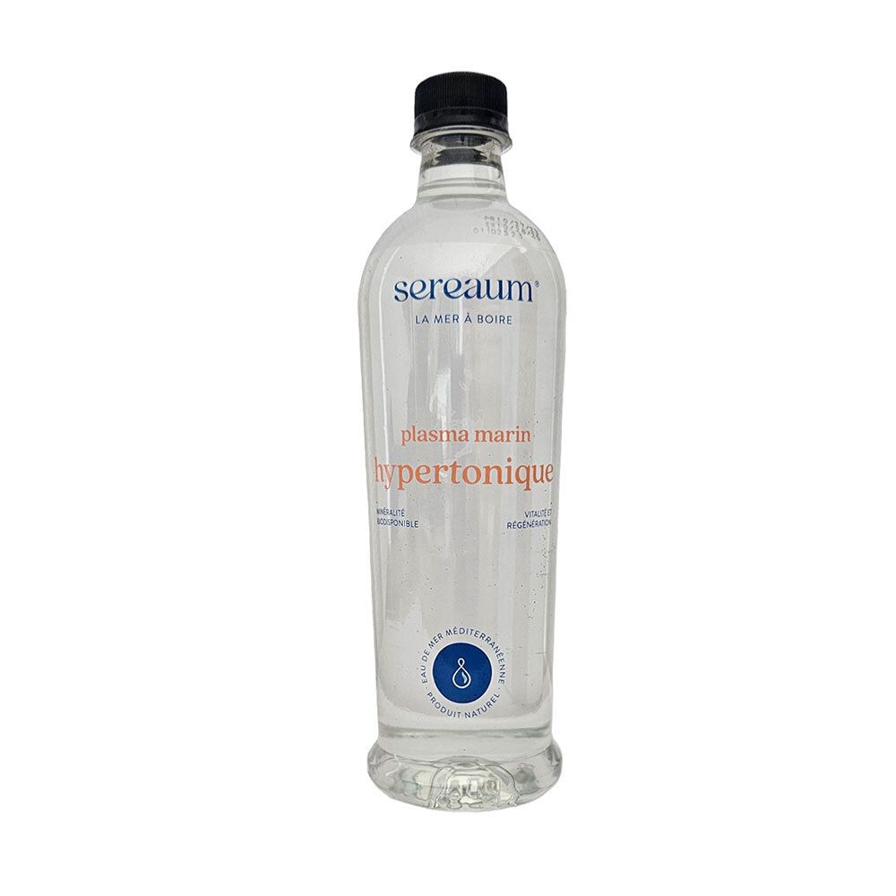 Bouteille transparente avec bouchon noir. Inscription: Sereaum, Plasma Marin Hypertonique. Texte bleu et orange.