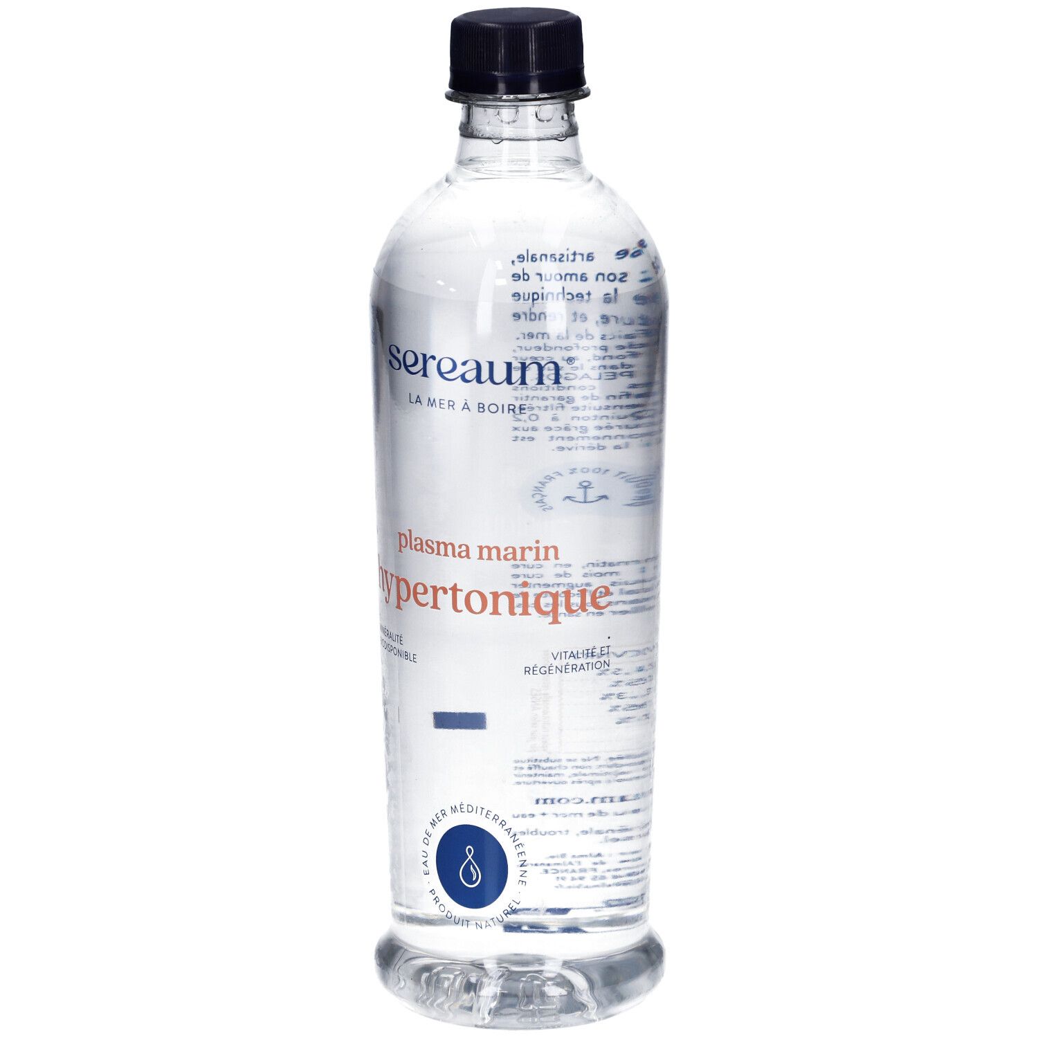 Bouteille transparente avec bouchon noir. Inscription: Sereaum, Plasma Marin Hypertonique. Étiquette avec texte.