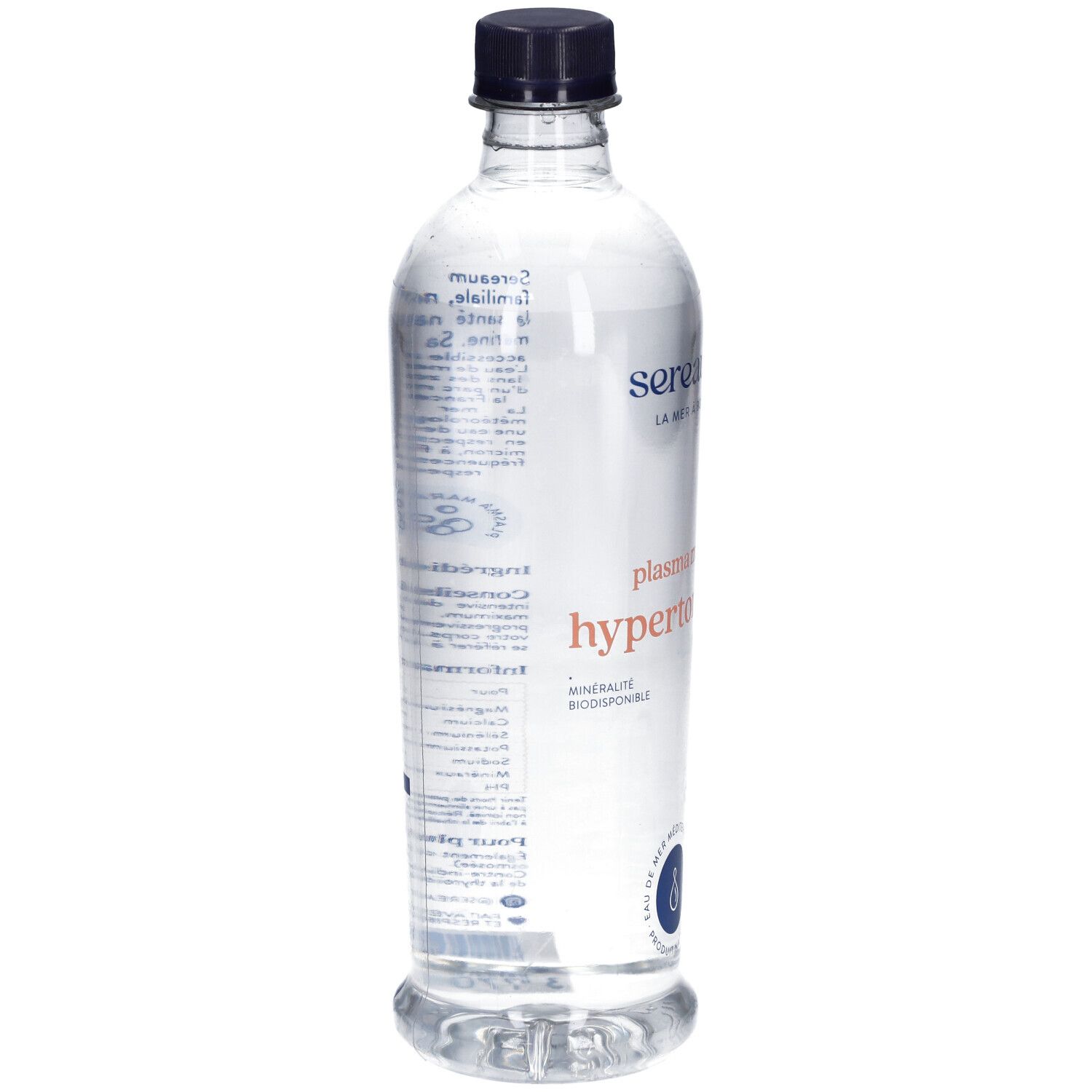 Bouteille transparente avec bouchon noir. Dos avec texte et étiquette. Inscription: Sereaum, Plasma Marin Hypertonique.