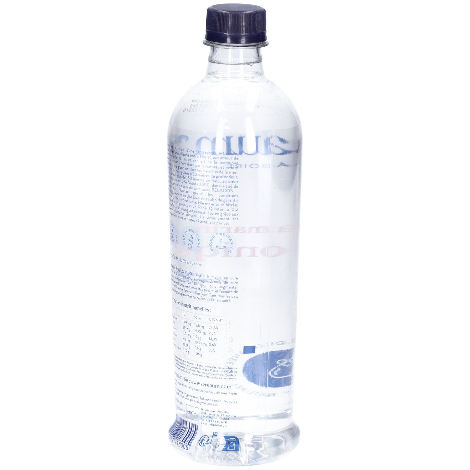 Bouteille transparente avec bouchon noir. Dos avec texte et étiquette. Inscription: Sereaum, Plasma Marin Hypertonique.