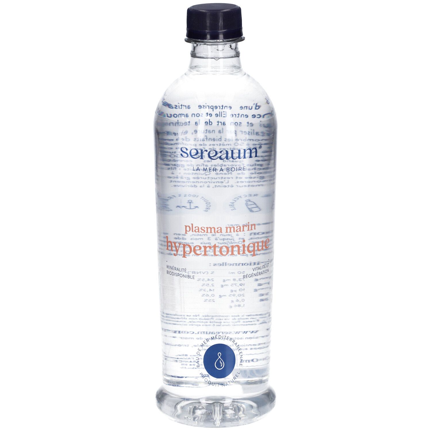 Bouteille transparente avec bouchon noir. Dos avec texte et étiquette. Inscription: Sereaum, Plasma Marin Hypertonique.