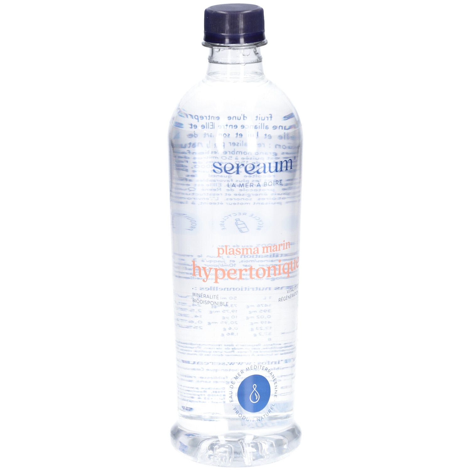 Bouteille transparente avec bouchon noir. Inscription: Sereaum, Plasma Marin Hypertonique. Texte bleu et orange.