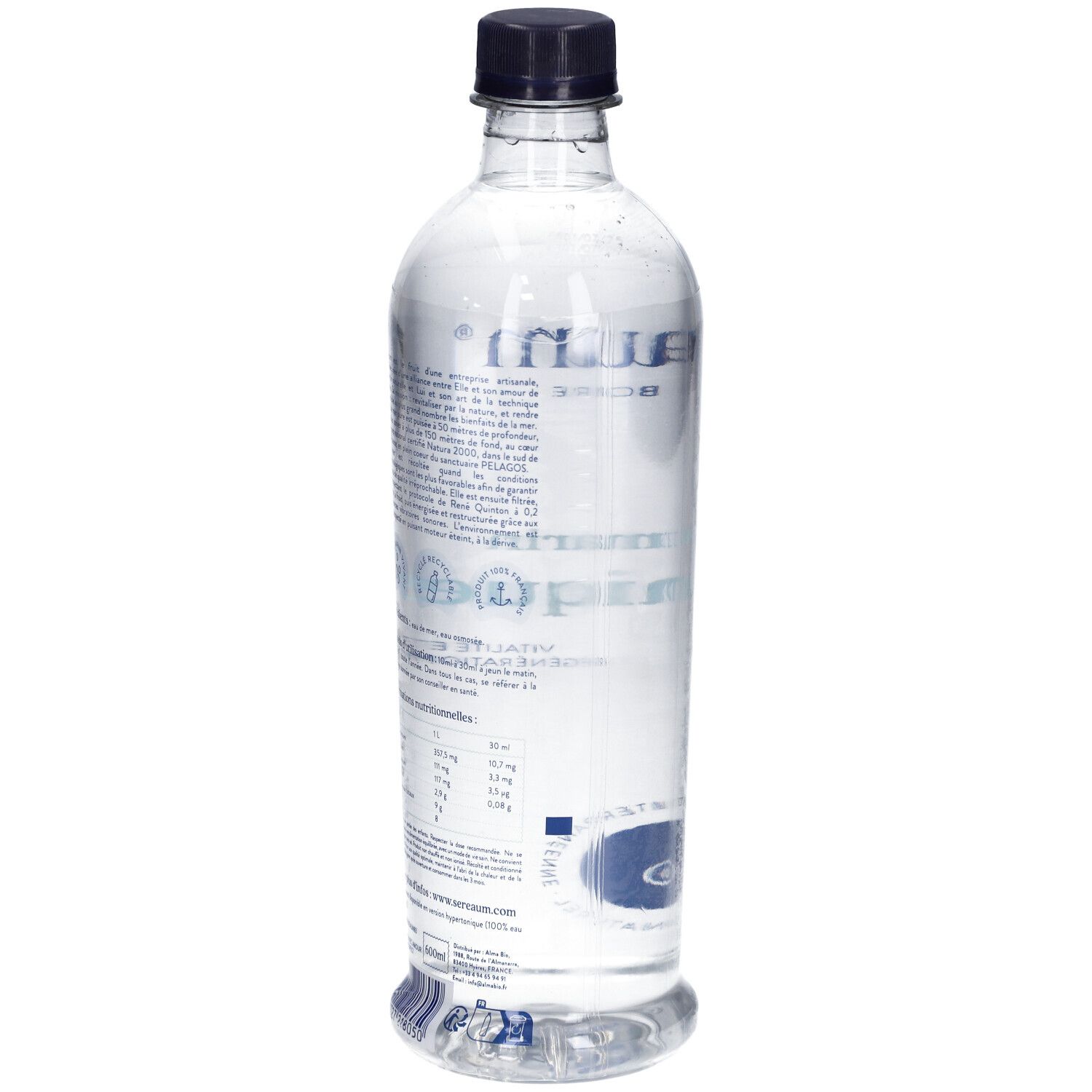 Bouteille transparente avec bouchon noir. Vue arrière avec texte et logo. Inscription: Sereaum Plasma Marin Isotonique.