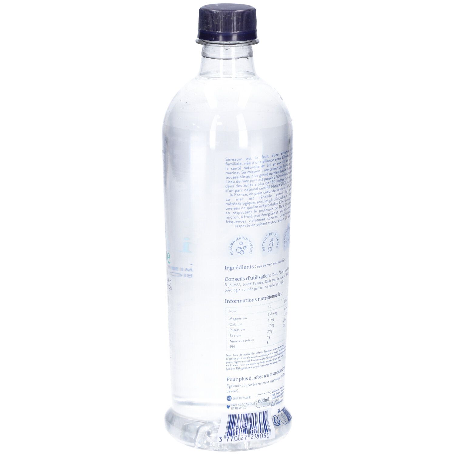 Bouteille transparente avec bouchon noir. Vue arrière avec texte et logo. Inscription: Sereaum Plasma Marin Isotonique.