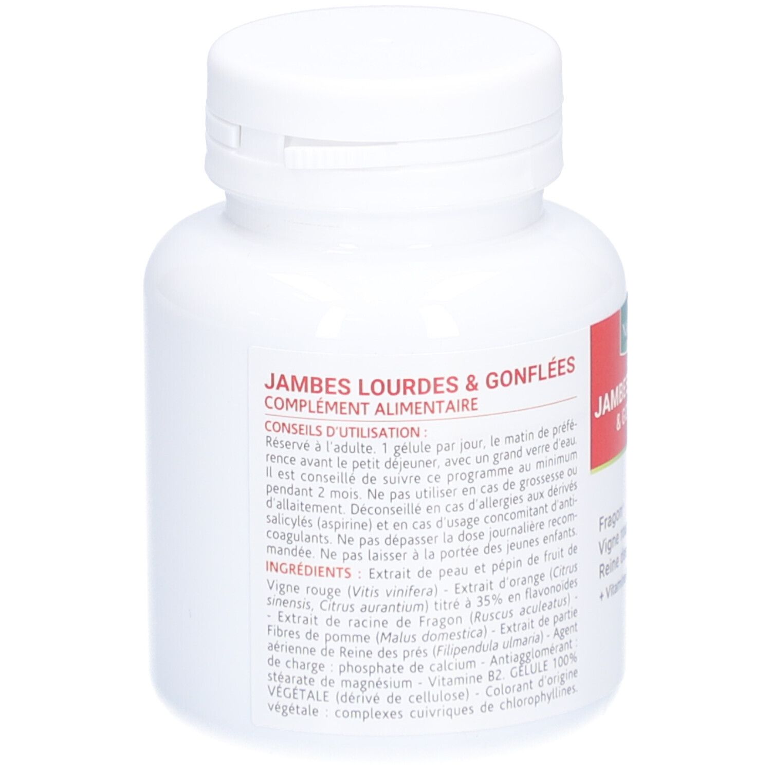 Rückseite der weißen Flasche mit Kapseln. Text: Jambes Lourdes & Gonflées. Inhaltsstoffe und Anwendungshinweise.