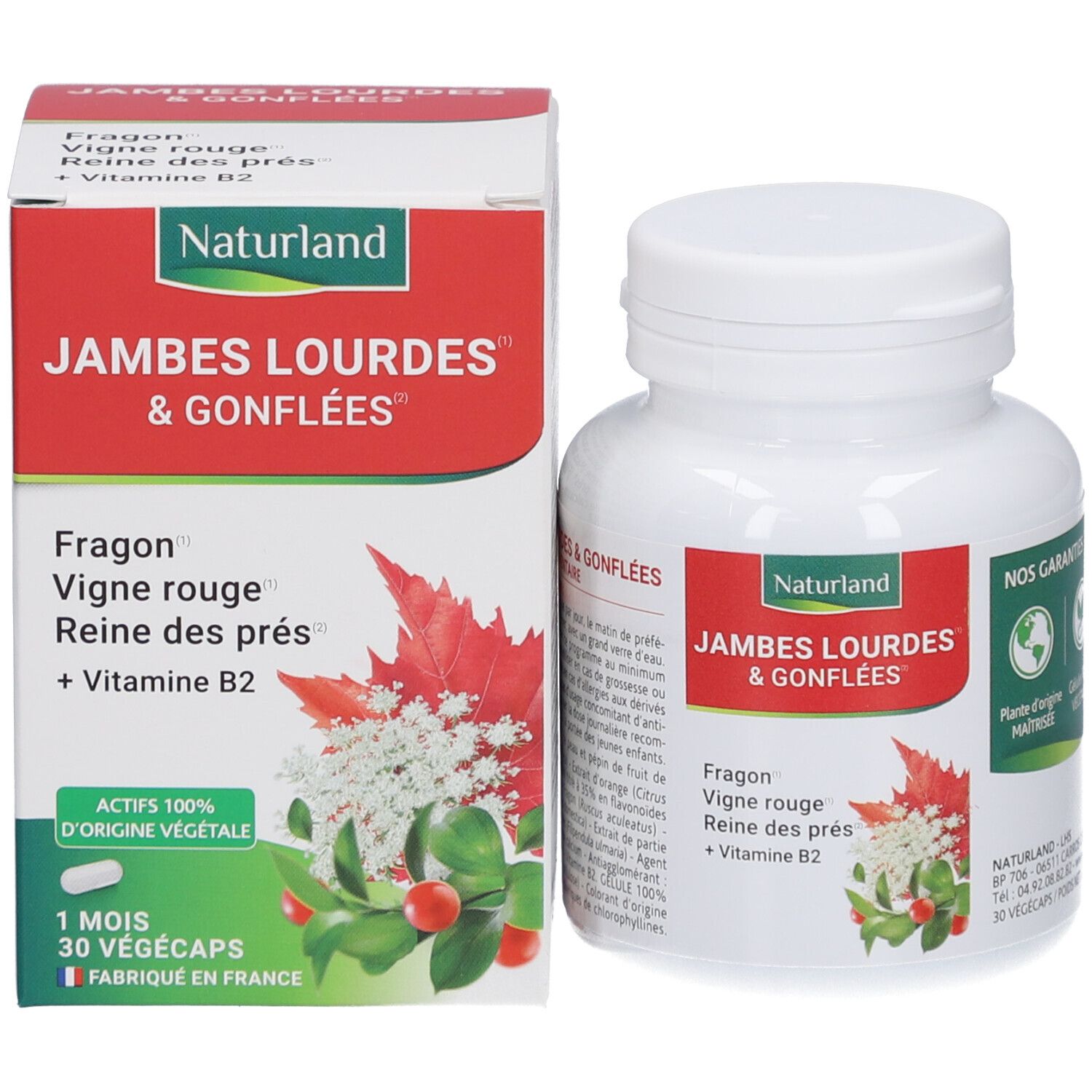 Produktverpackung und Flasche mit Kapseln. Rotes Etikett mit Text: Jambes Lourdes & Gonflées. Naturland Logo.
