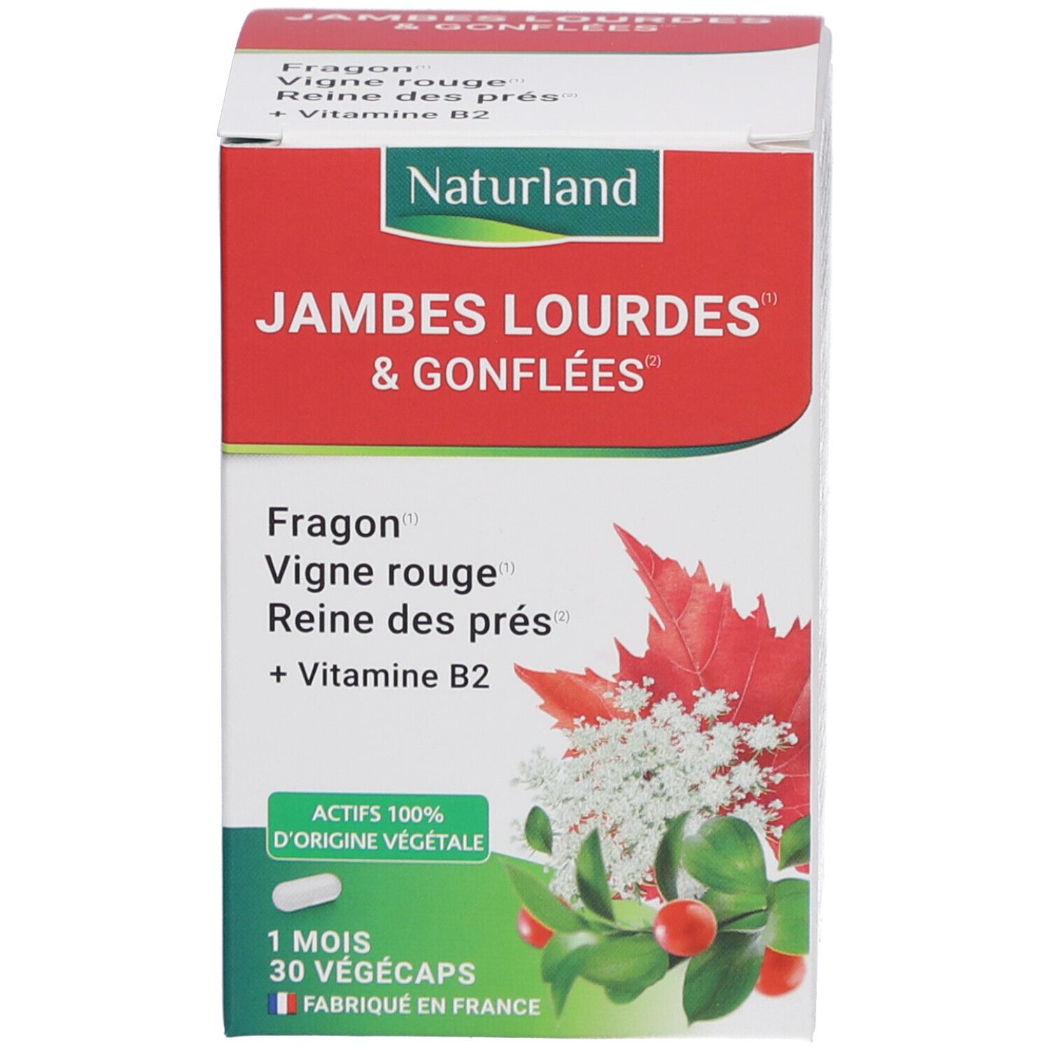 Produktverpackung. Rotes Etikett mit Text: Jambes Lourdes & Gonflées. Naturland Logo. 30 Vegicaps.