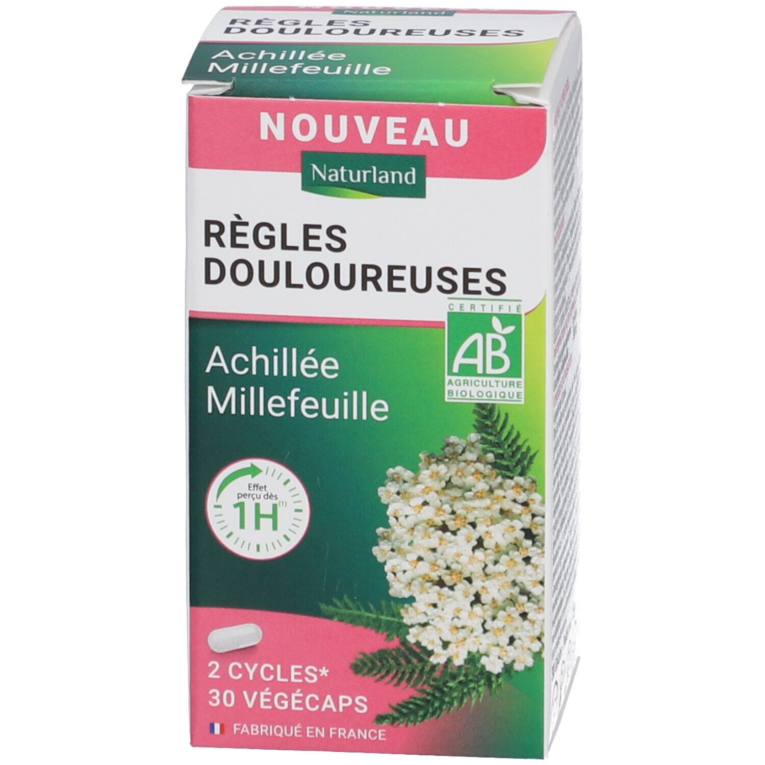 Produktpackung mit Text, Logo, AB-Zertifizierung. Pflanzenabbildung. 30 Vegicaps. Hergestellt in Frankreich.