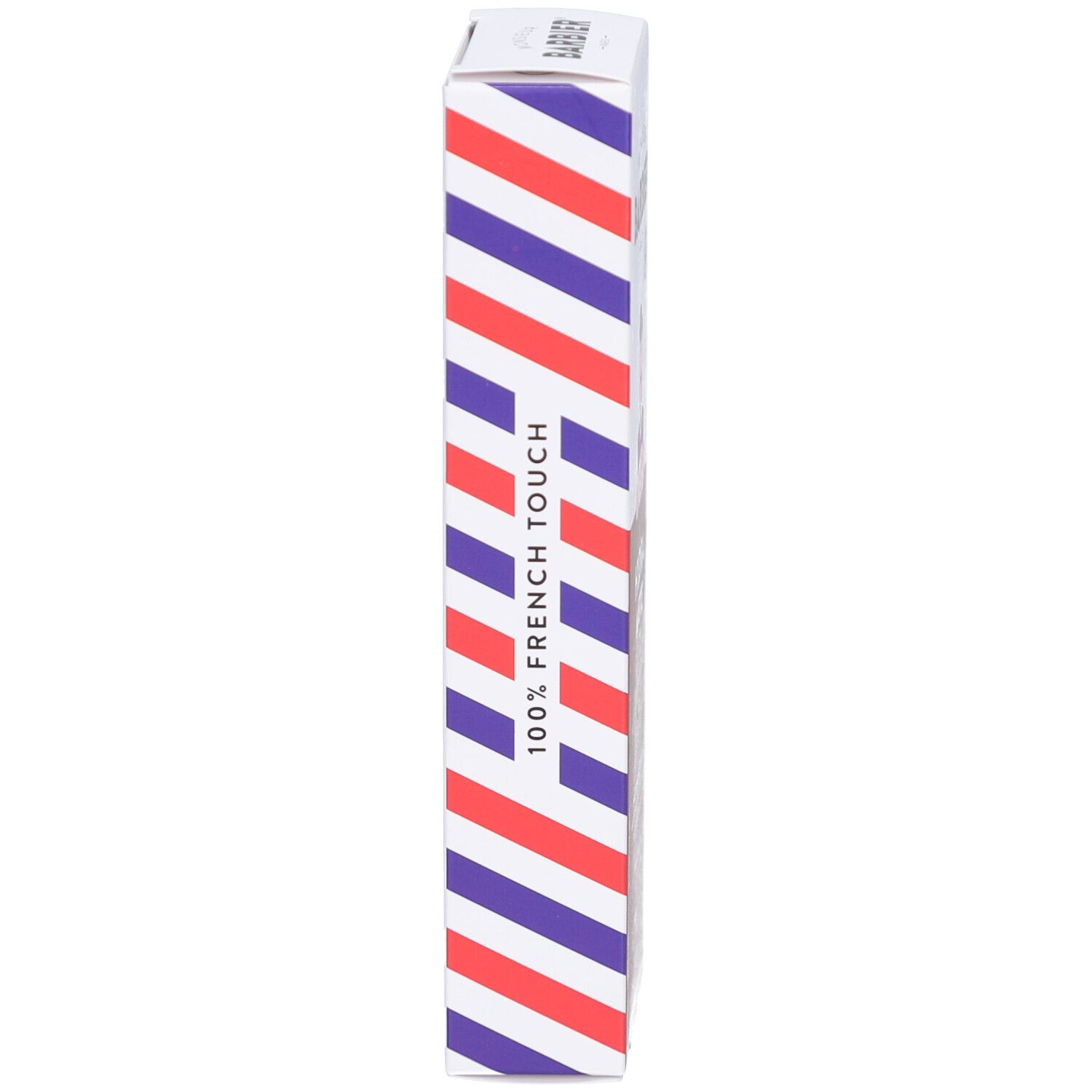 Seitenansicht der Kartonverpackung. Rote, weiße und blaue Streifen. Aufschrift: 100% French Touch.