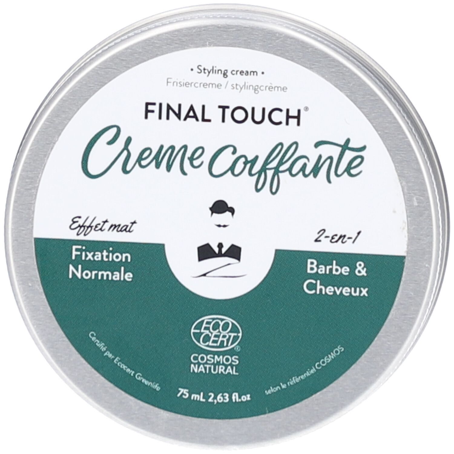Runde Dose mit Deckel. Aufschrift: FINAL TOUCH Creme Coiffante. Fixation Normale. ECOCERT-Siegel. 75 ml.