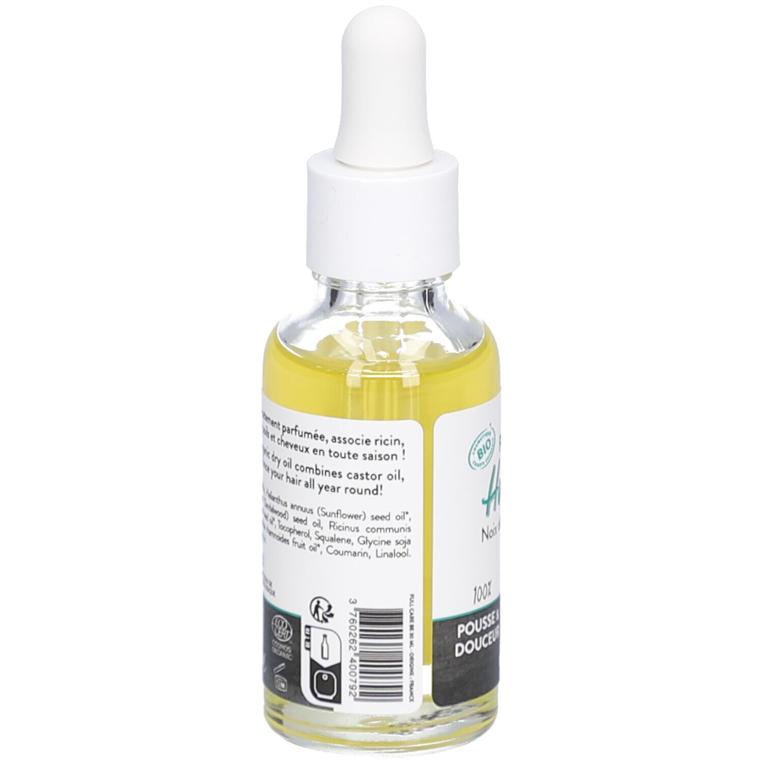 Glasflasche mit gelbem Öl und Pipette. Etikett mit Produktinformationen und Bio-Siegel.