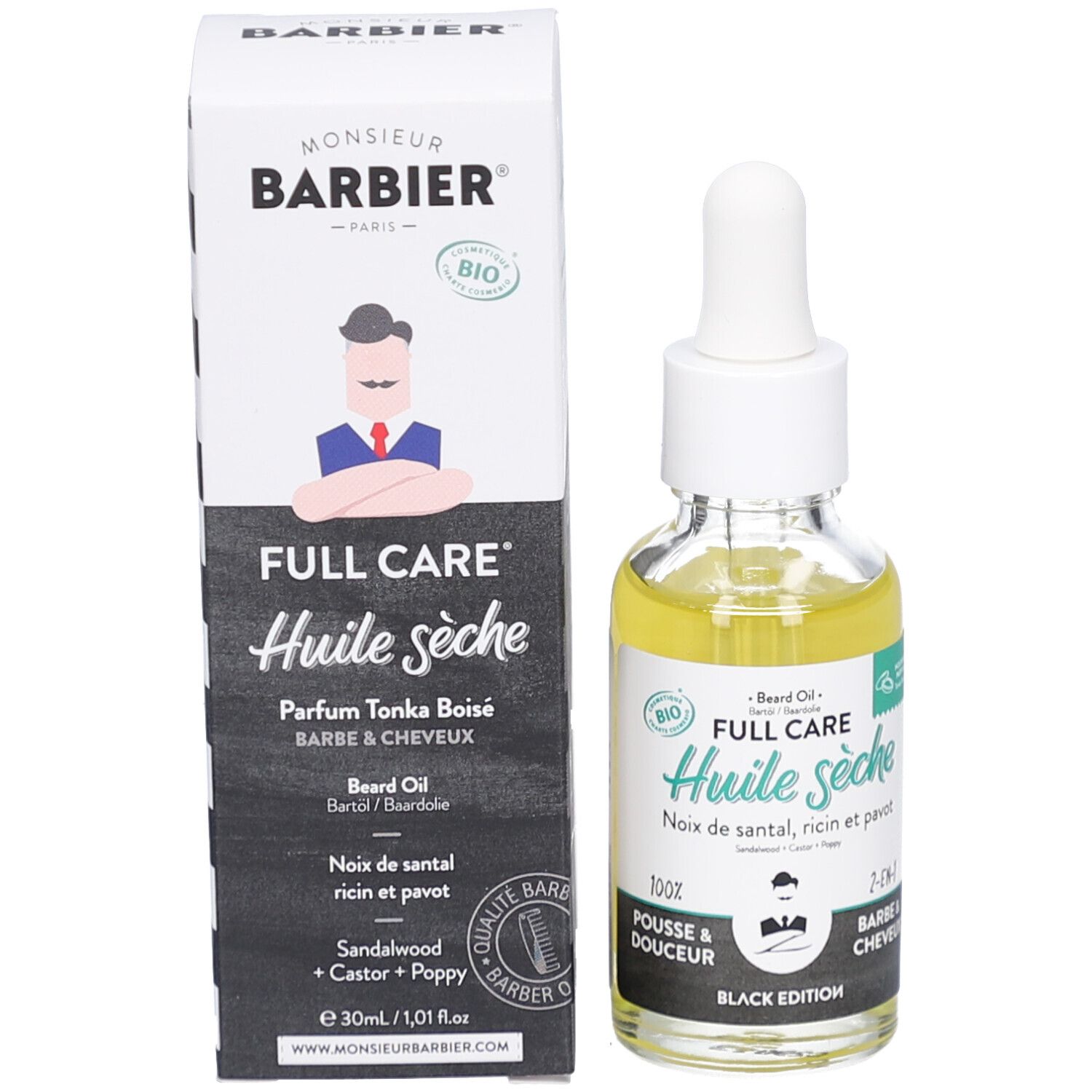 Produktflasche und Verpackung. Flasche mit gelbem Öl und Pipette. Verpackung mit Logo und Produktnamen.