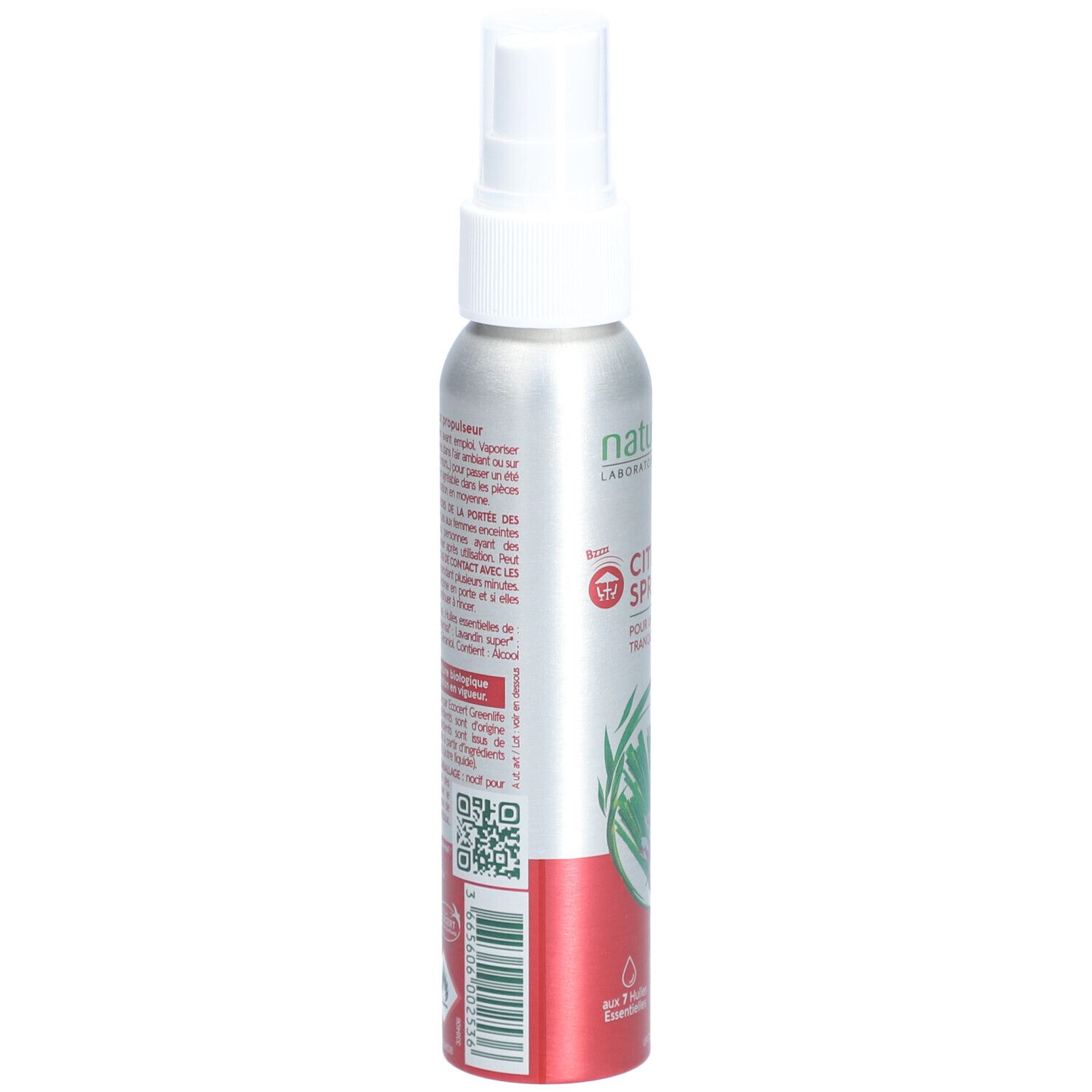 Flacon spray avec tête de pulvérisation. Inscription et code QR au dos. Bande rouge en bas.
