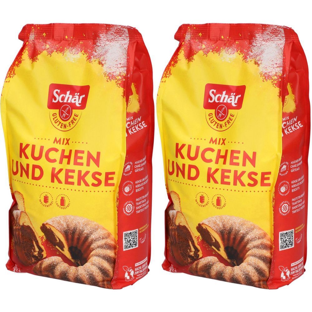 Deux paquets de Schär Mix Kuchen und Kekse. Design jaune et rouge avec image du produit et logo sans gluten.