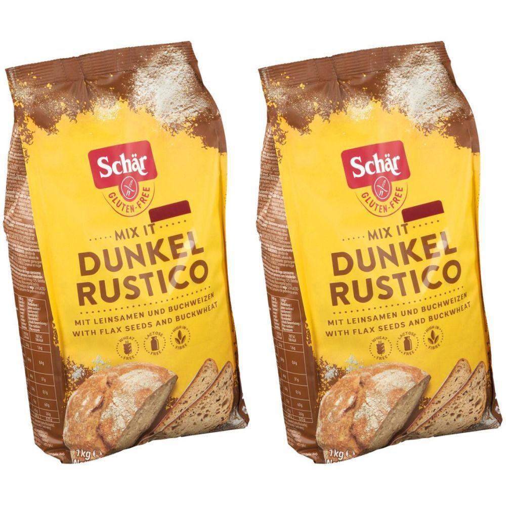 Deux paquets de Schär Mix It Dunkel Rustico. Face avant jaune avec nom et logo du produit. Label sans gluten. Image de pain.