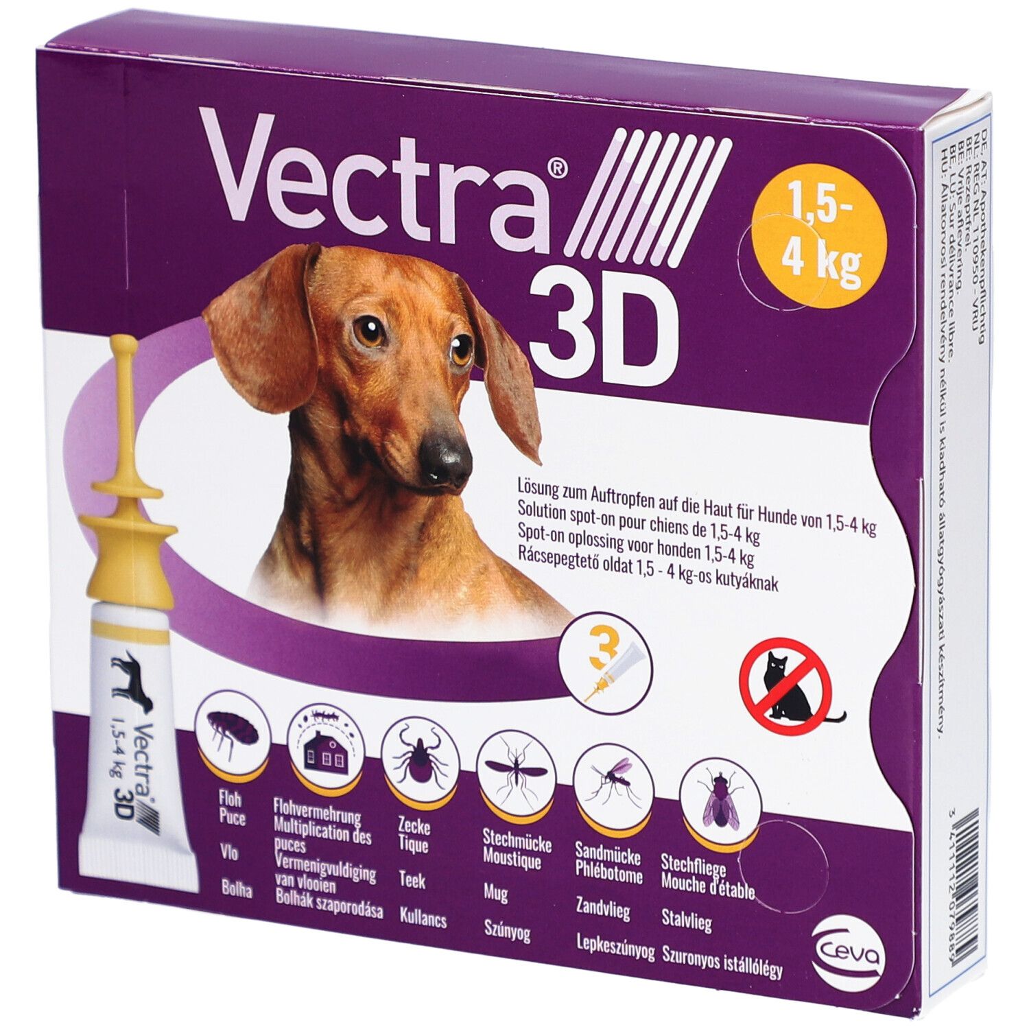 Boîte de Vectra 3D. Solution spot-on pour chiens de 1,5 à 4 kg. Illustration d'un teckel.