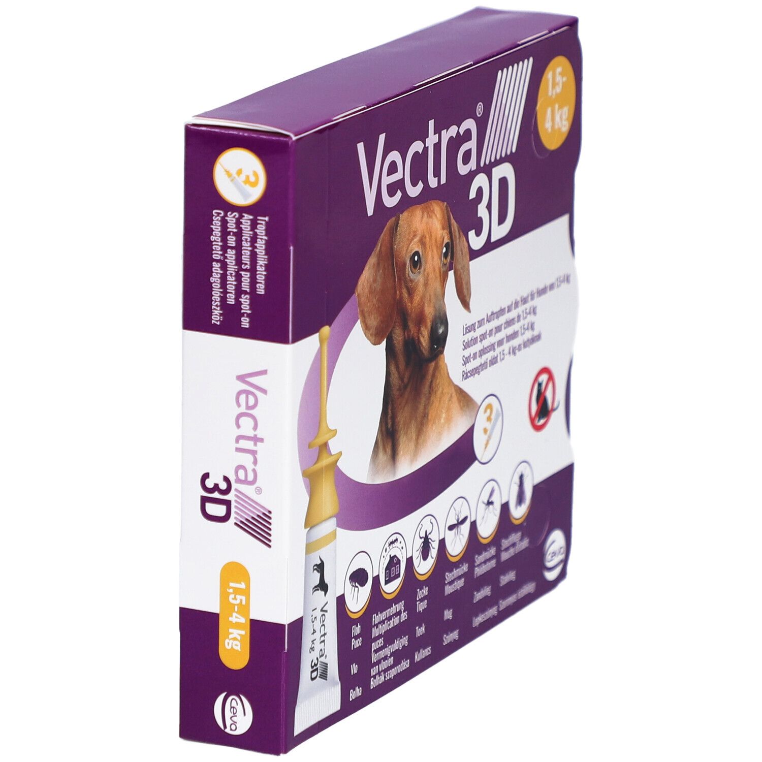Boîte Vectra 3D. Solution spot-on pour chiens 1,5-4 kg. Avec applicateur.
