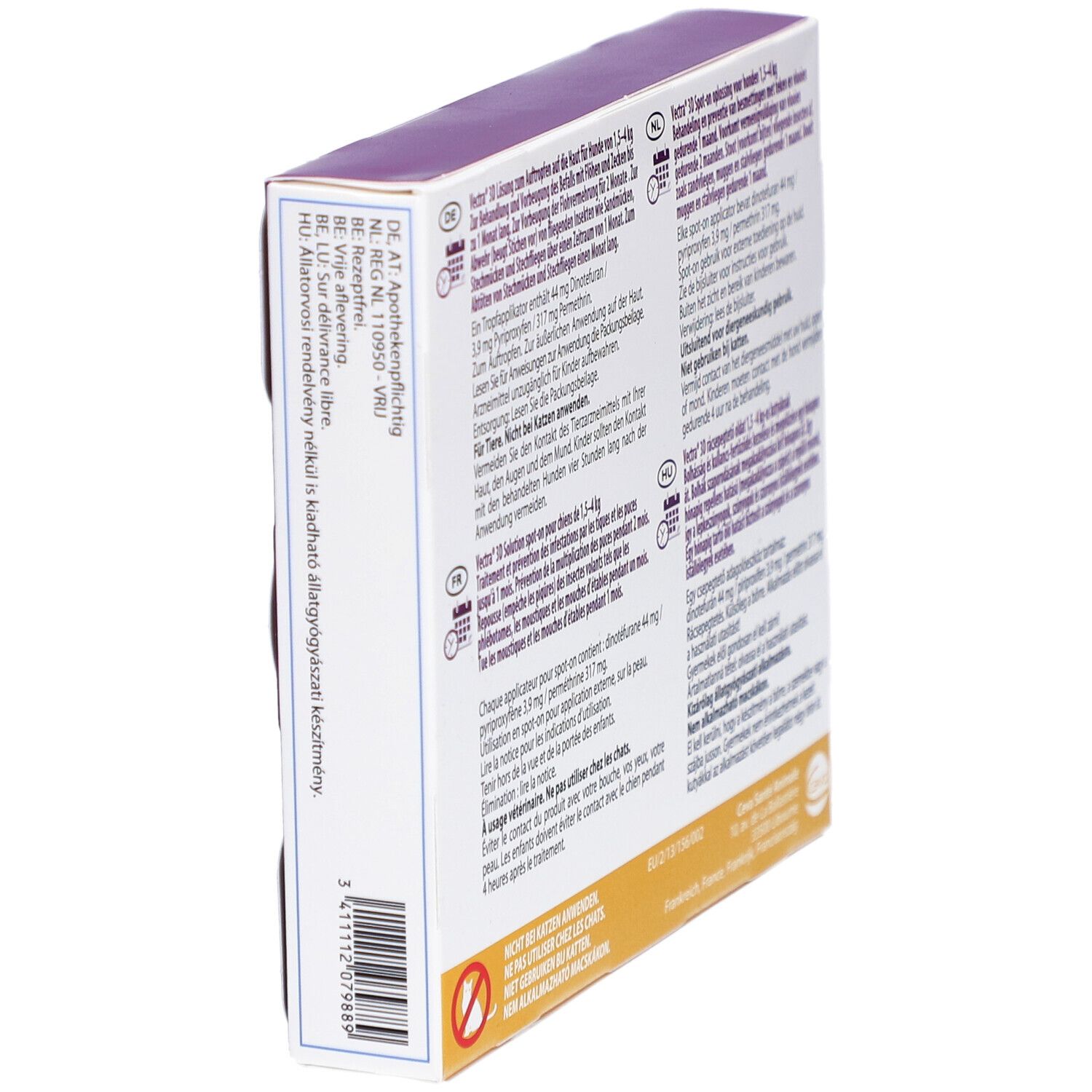 Dos de la boîte Vectra 3D. Texte en allemand, français, italien, néerlandais et hongrois.