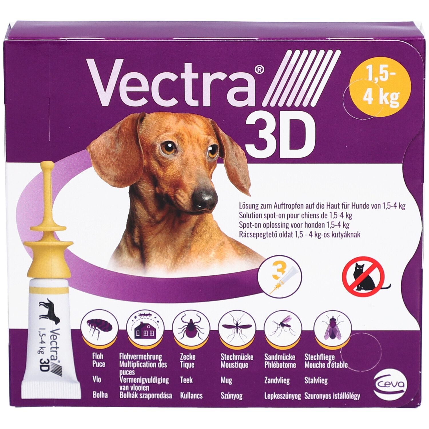 Boîte Vectra 3D. Solution spot-on pour chiens 1,5-4 kg. Avec applicateur.