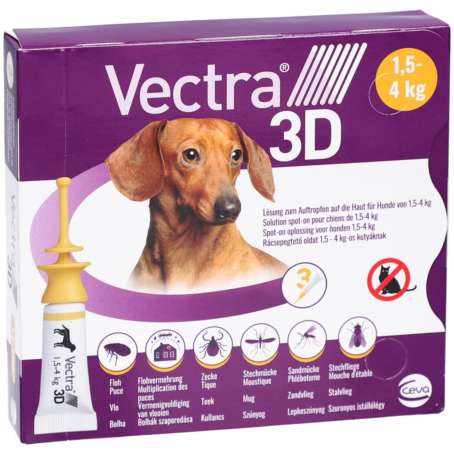 Boîte Vectra 3D. Solution spot-on pour chiens 1,5-4 kg. Avec applicateur.