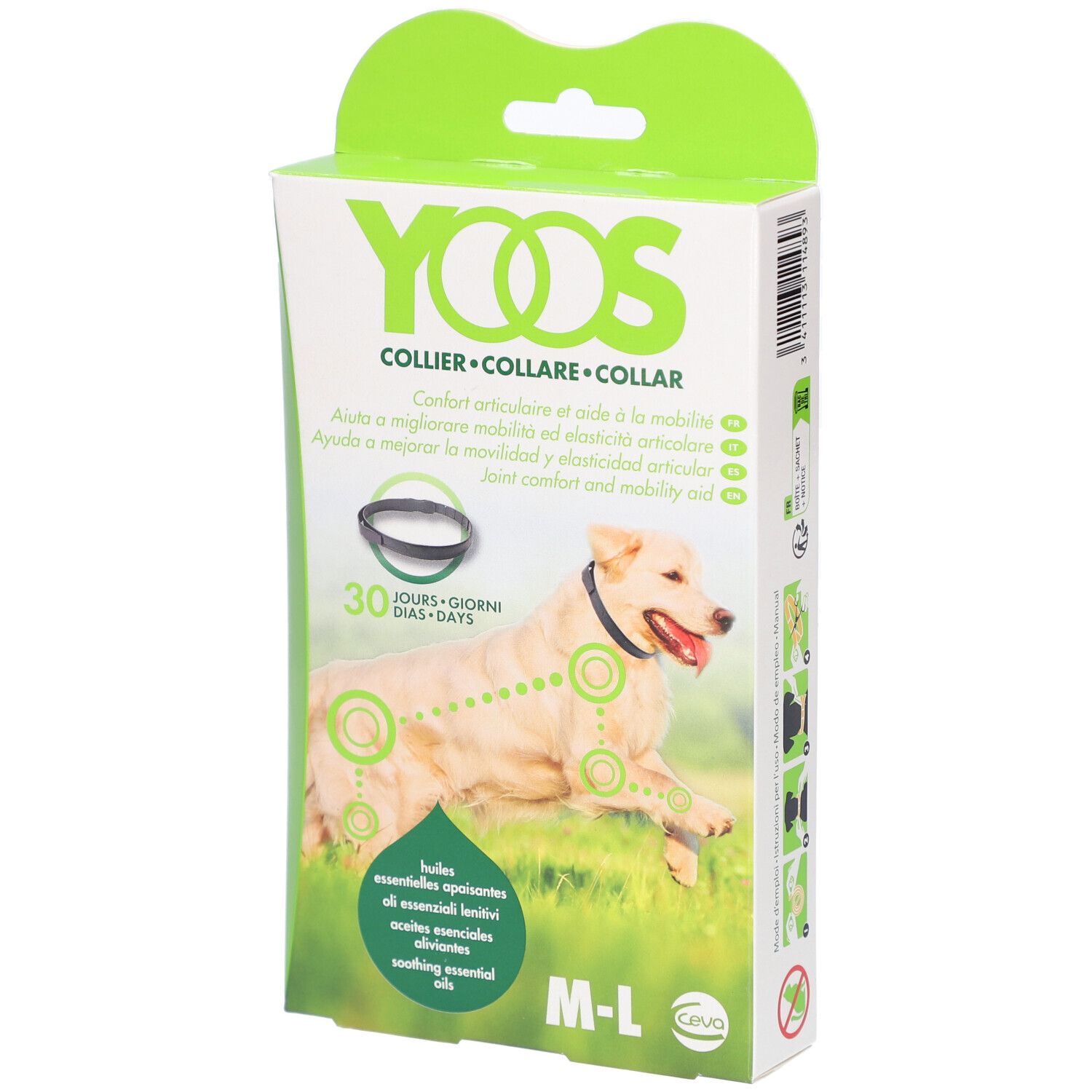 Emballage YOOS pour collier. Image d'un chien portant un collier. Texte : 'Comfort articulaire'. Taille M-L.