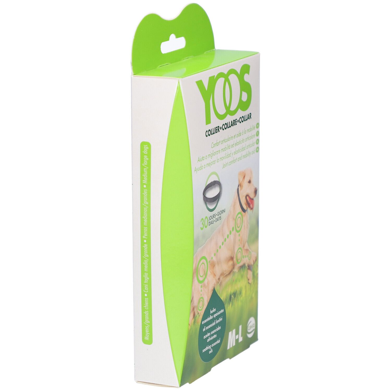Vue latérale de l'emballage YOOS. Boîte verte et blanche avec image et texte du produit. Taille M-L.