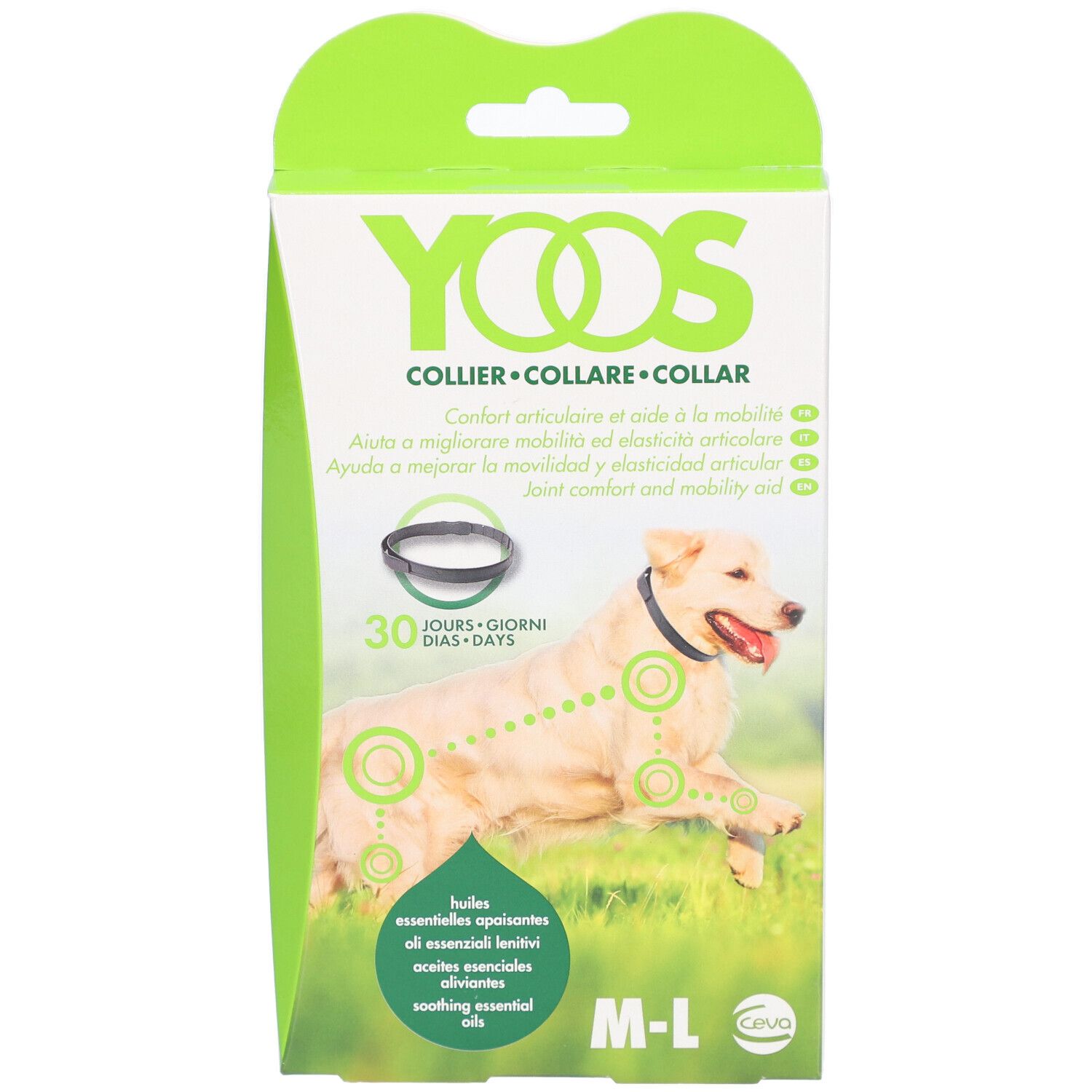 Emballage YOOS. Image d'un chien avec collier. Texte : 'Comfort articulaire'. Taille M-L. Logo Ceva.