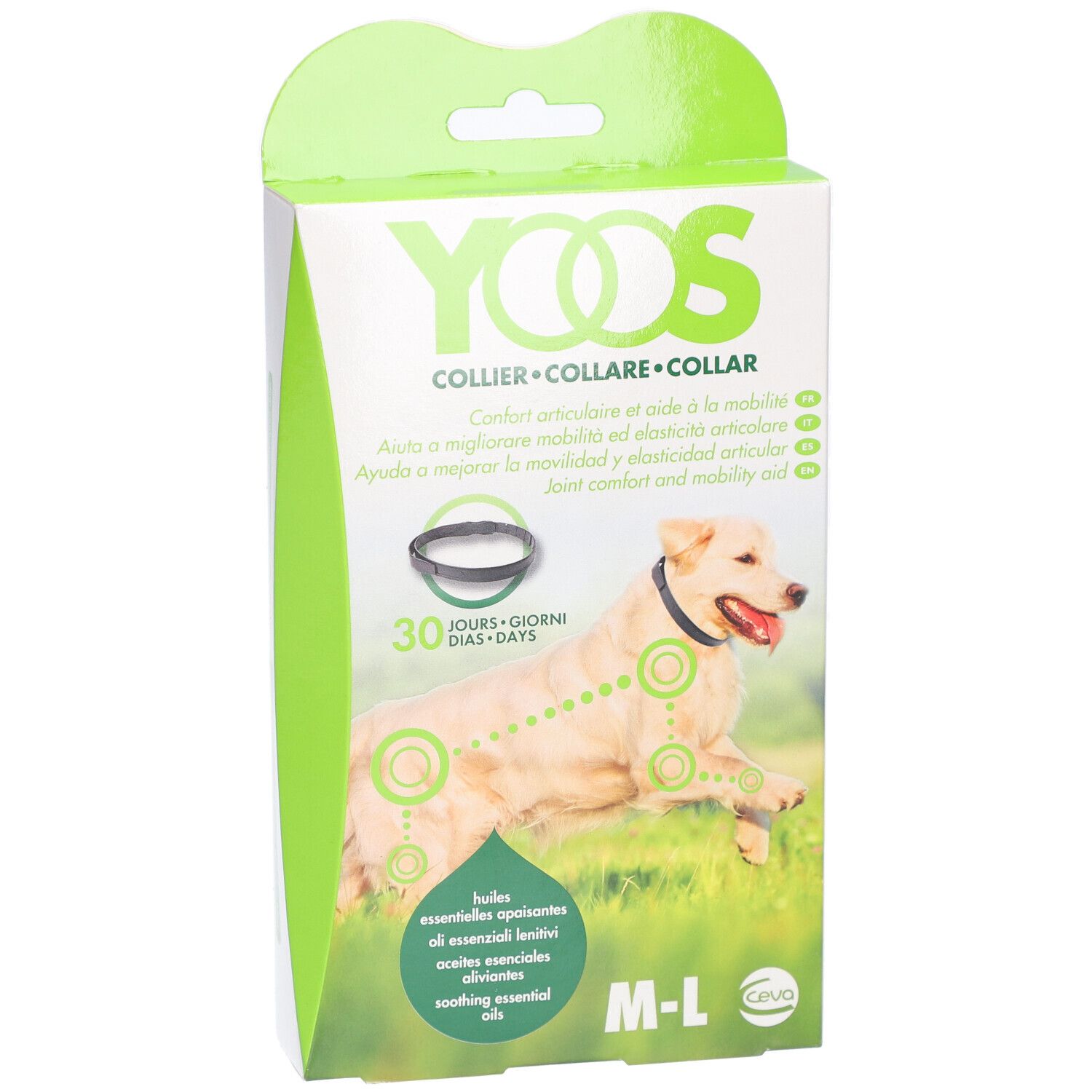Emballage YOOS. Image d'un chien avec collier. Texte : 'Comfort articulaire'. Taille M-L. Logo Ceva.